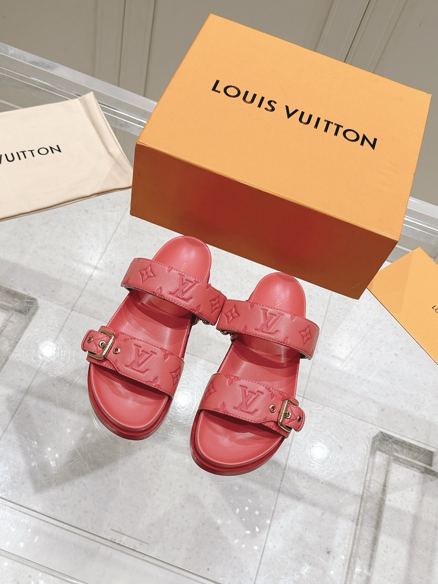 Louis Vuitton LV村上隆联名 L家驴牌BOM DIA COMFORT系列 魔术贴 牛仔布 老花 凉鞋 平底凉拖鞋