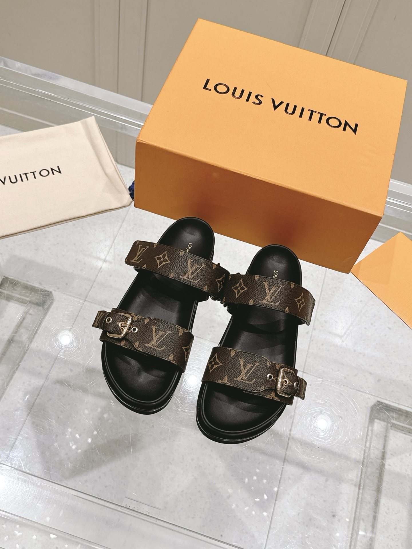 Louis Vuitton LV村上隆联名 L家驴牌BOM DIA COMFORT系列 魔术贴 牛仔布 老花 凉鞋 平底凉拖鞋