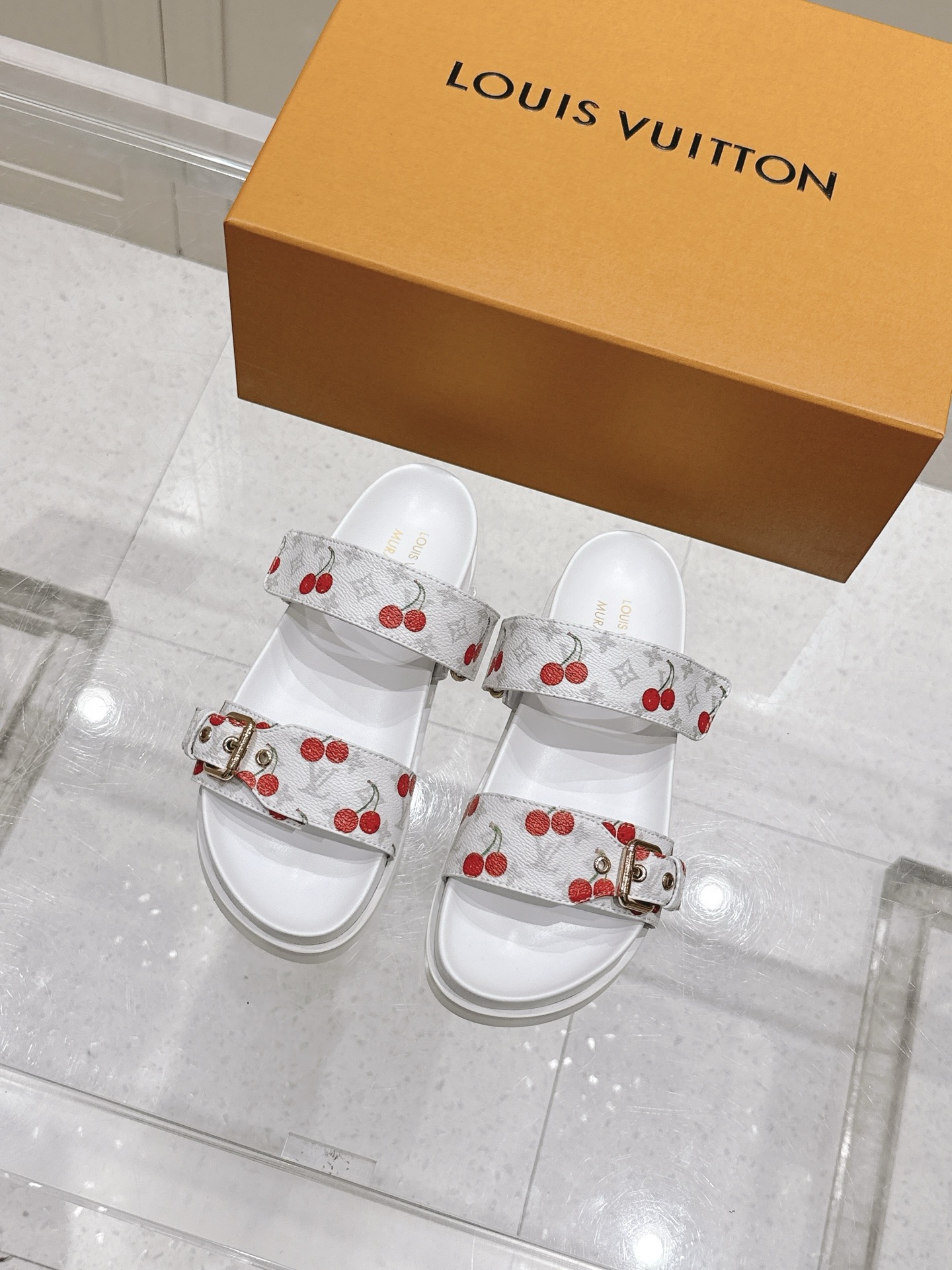 Louis Vuitton LV村上隆联名 L家驴牌BOM DIA COMFORT系列 魔术贴 牛仔布 老花 凉鞋 平底凉拖鞋