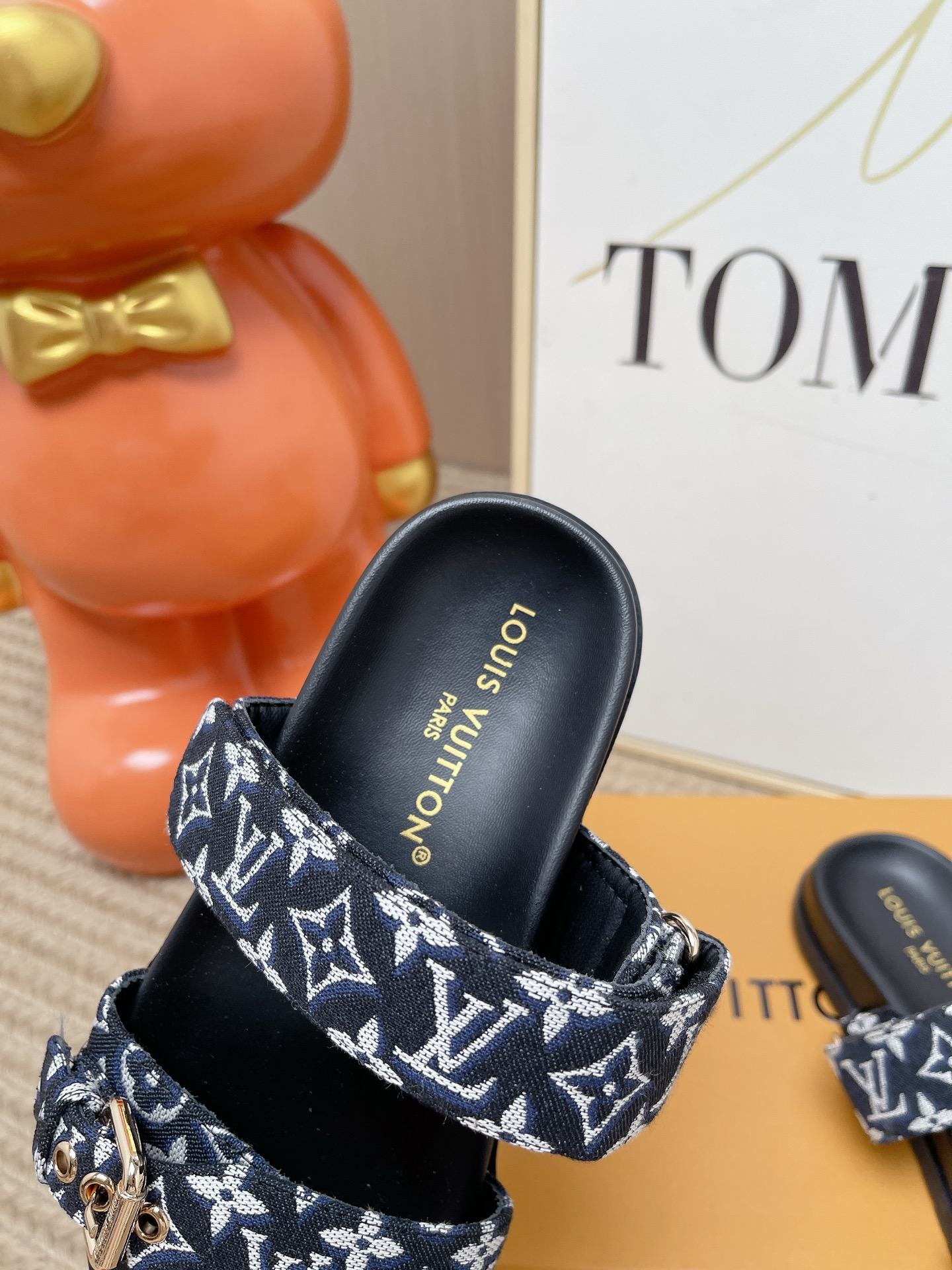 LV Brown Leather Cutout Logo Slide Sandals