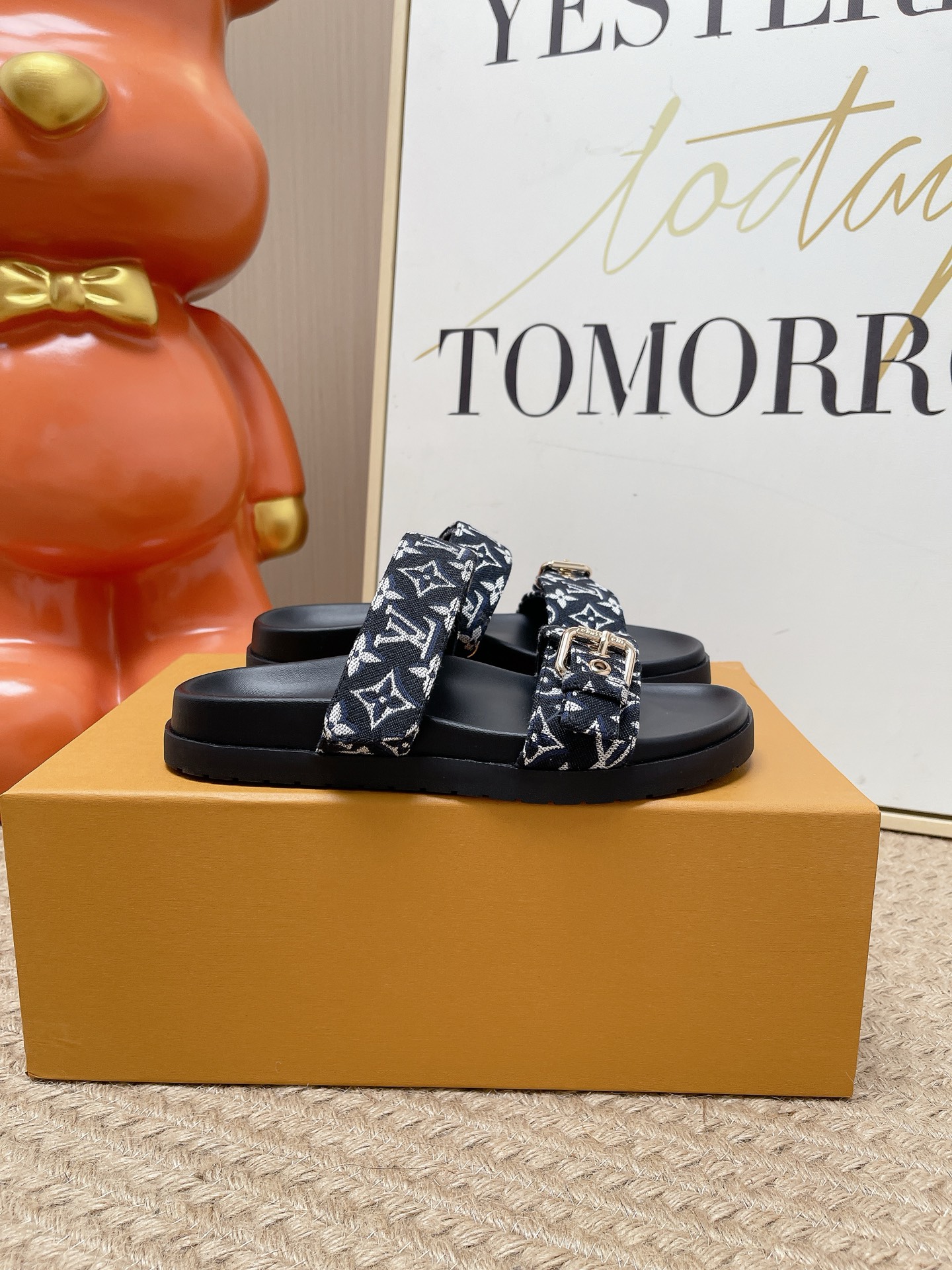 LV Brown Leather Cutout Logo Slide Sandals