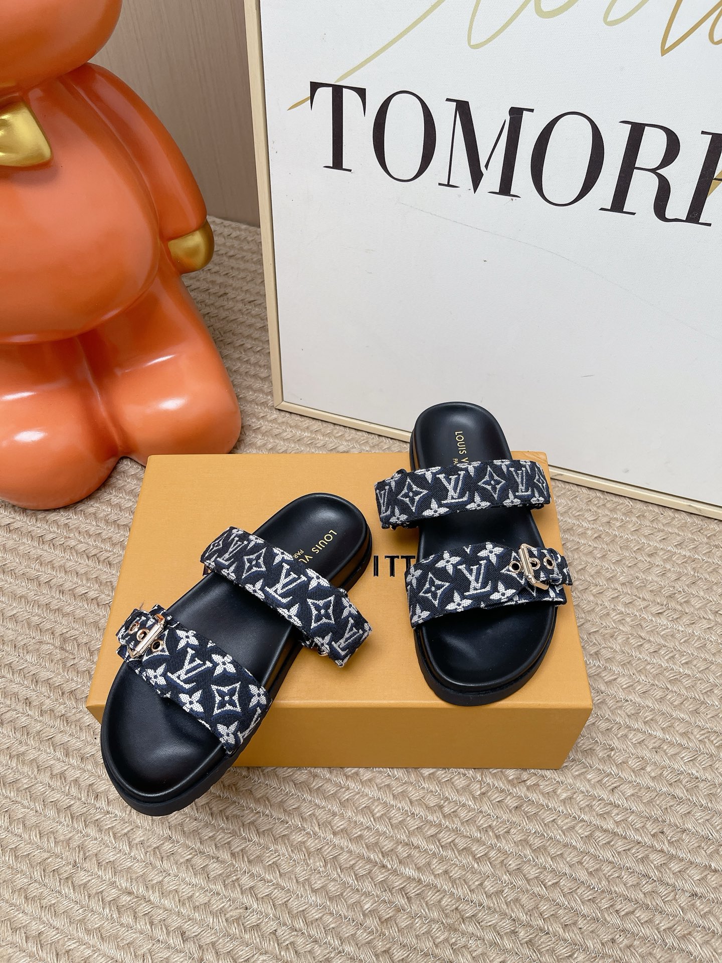 LV Brown Leather Cutout Logo Slide Sandals