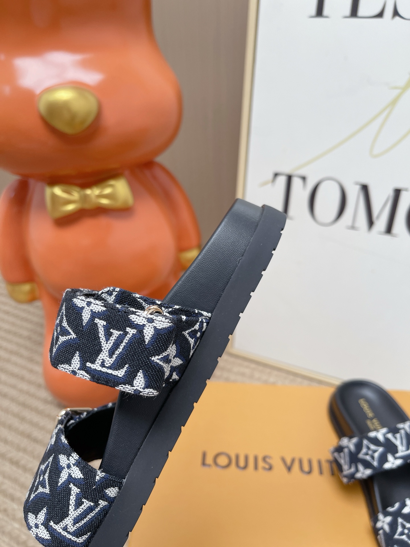 LV Brown Leather Cutout Logo Slide Sandals