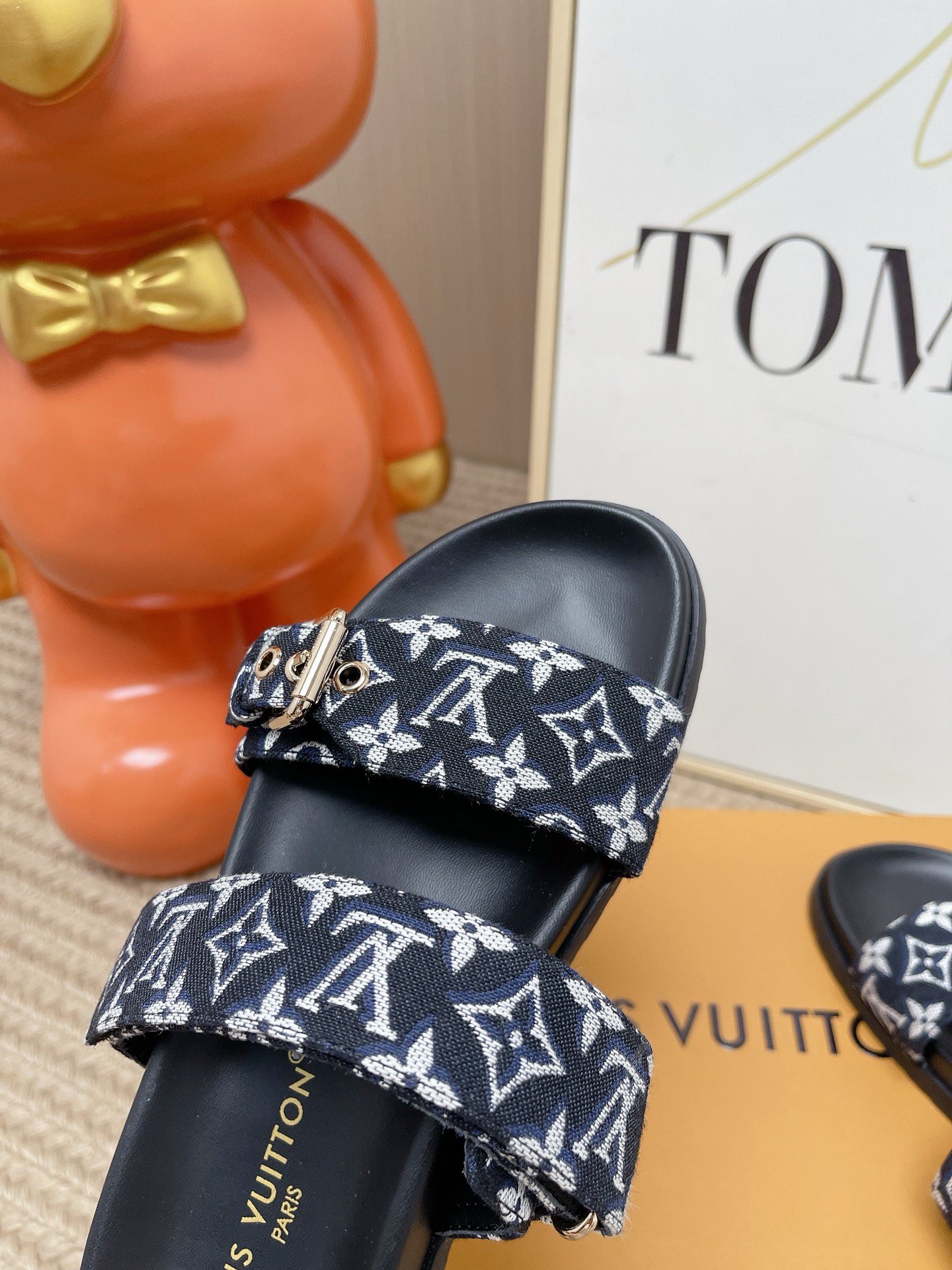 LV Brown Leather Cutout Logo Slide Sandals