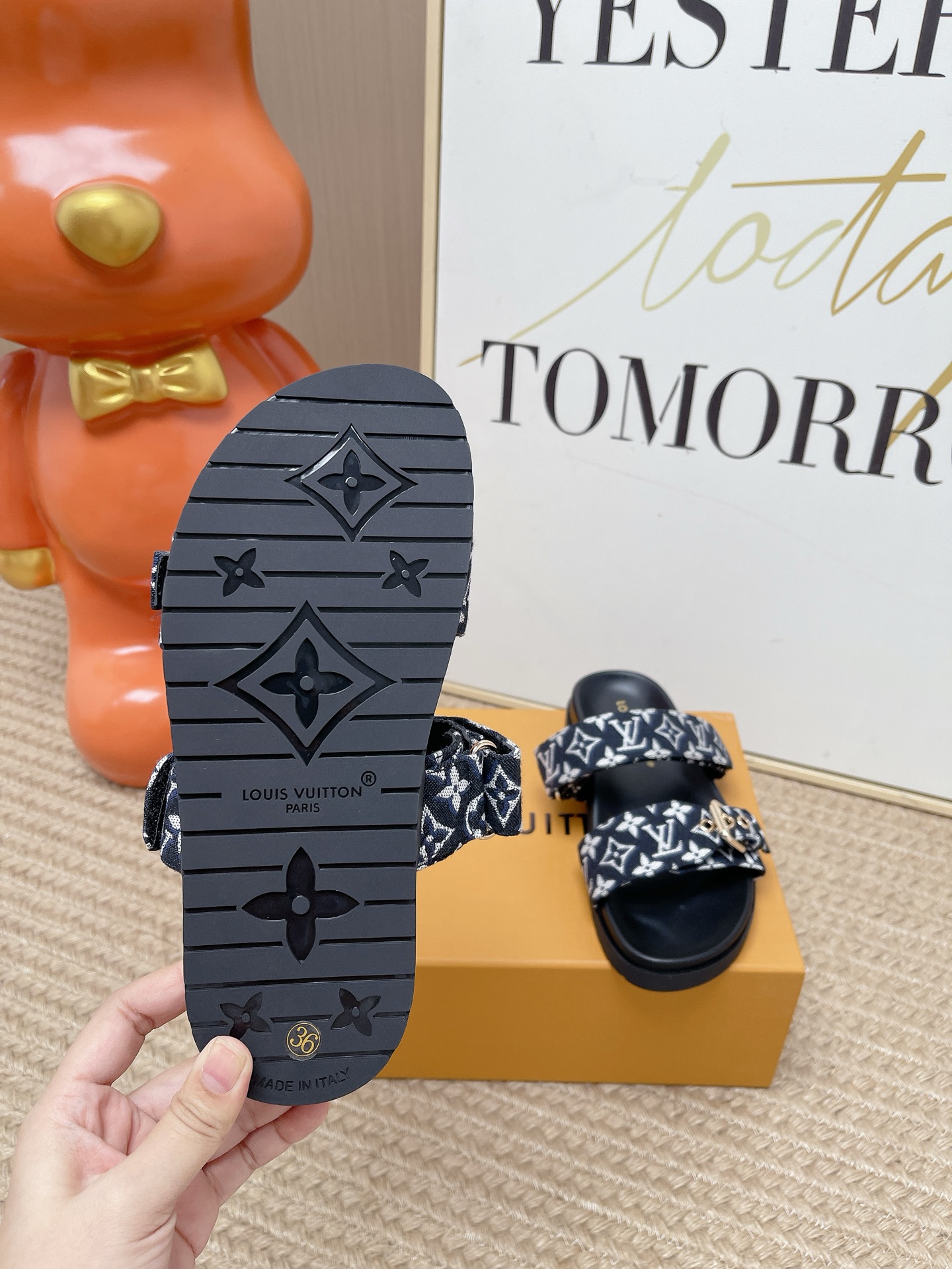 LV Brown Leather Cutout Logo Slide Sandals