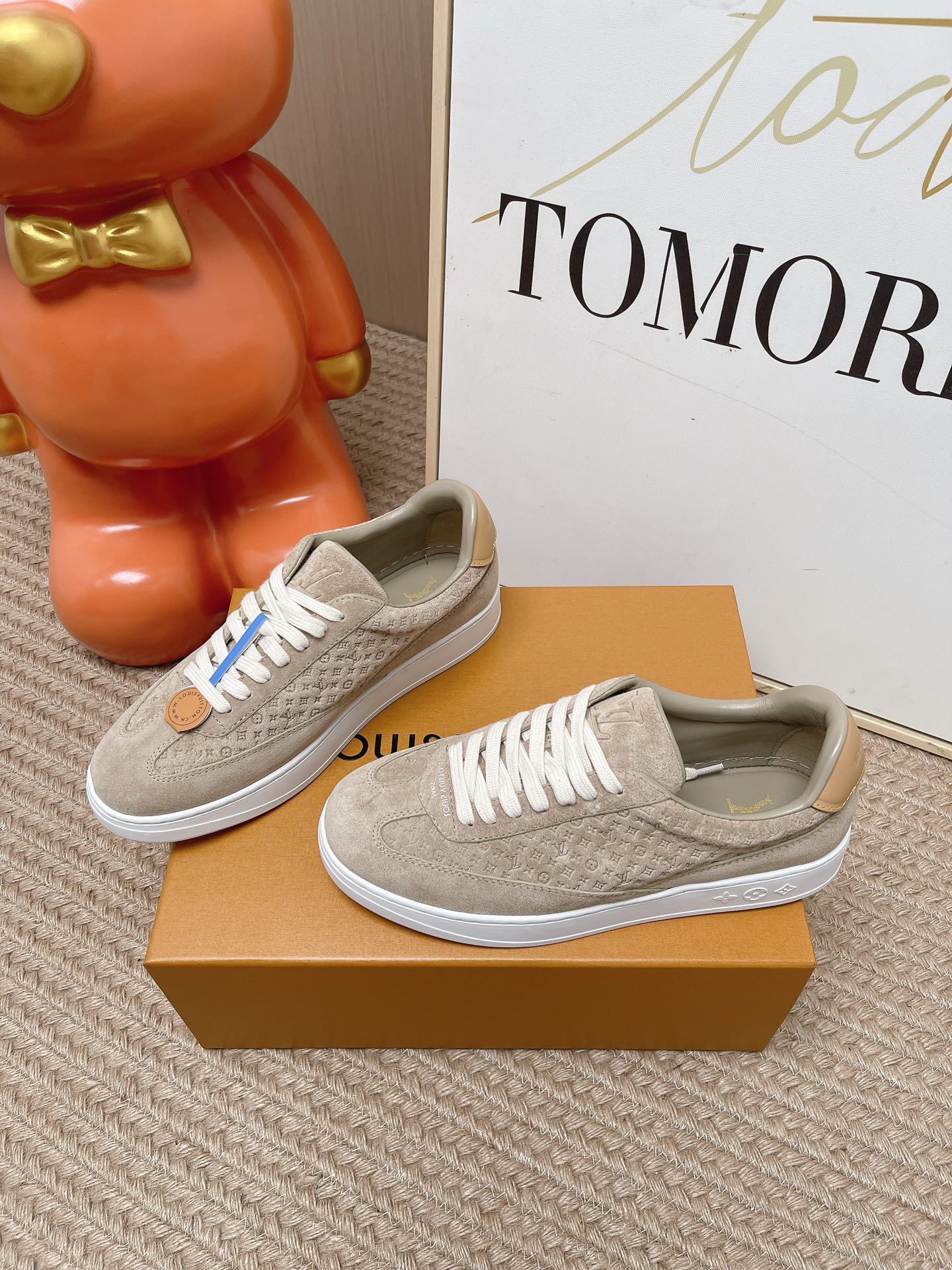 LV Beige Monogram Suede Lace Up Casual Sneakers