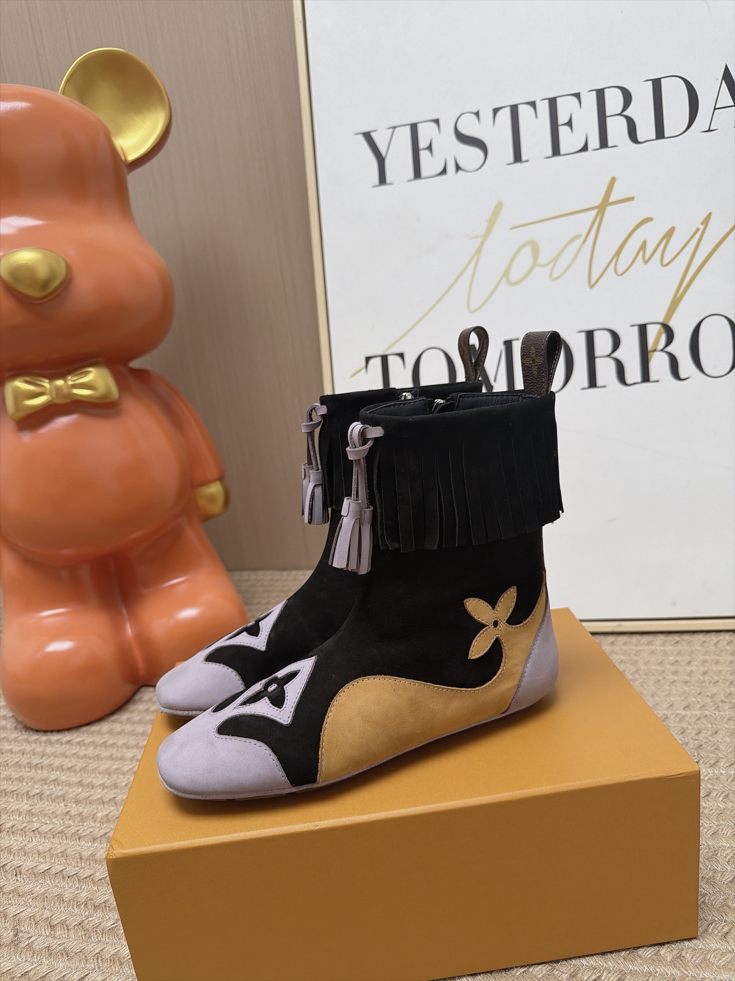 Louis Vuitton Black Tan Monogram Fringe Boots