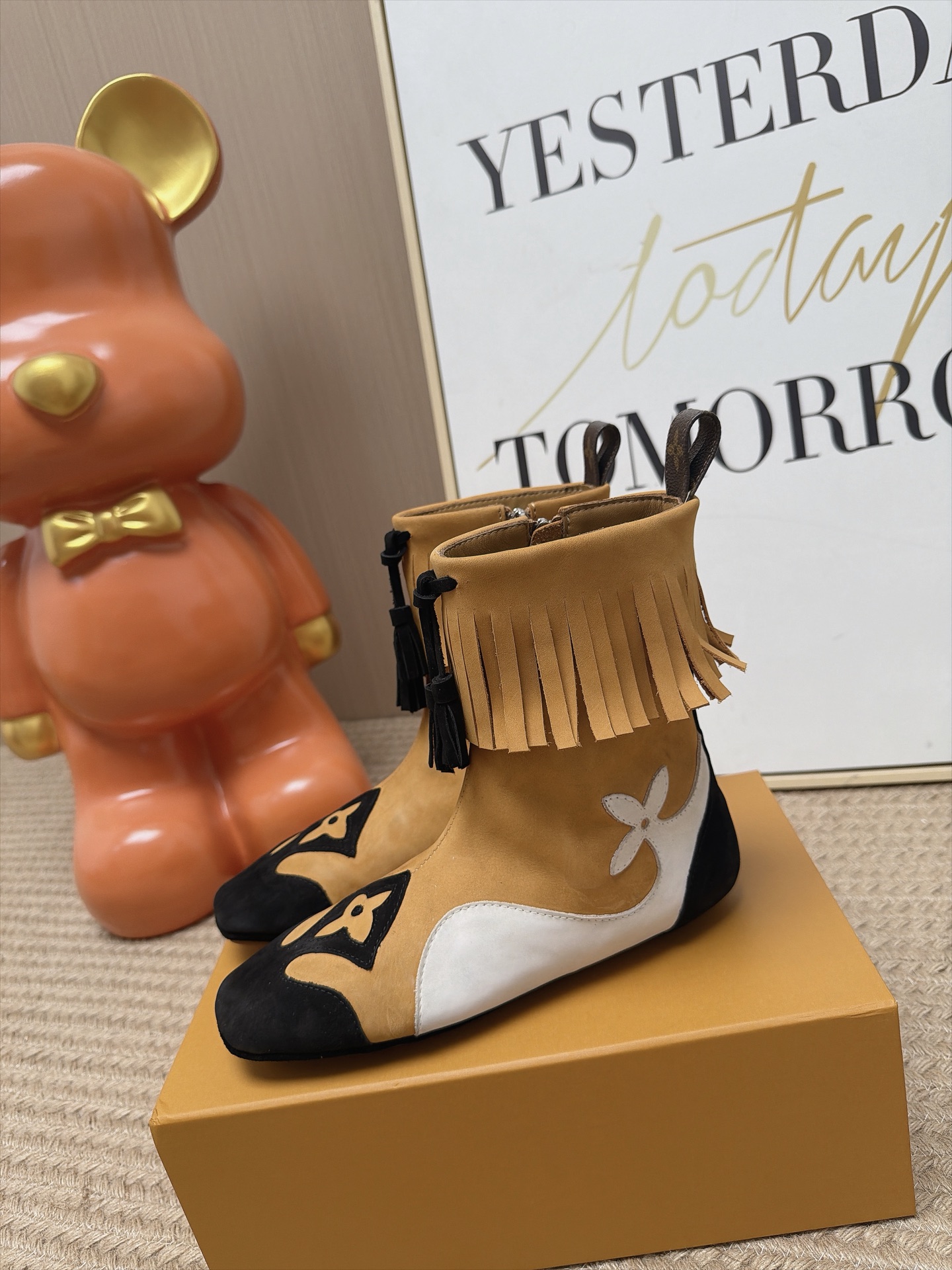 Louis Vuitton Tan Black Monogram Fringe Boots