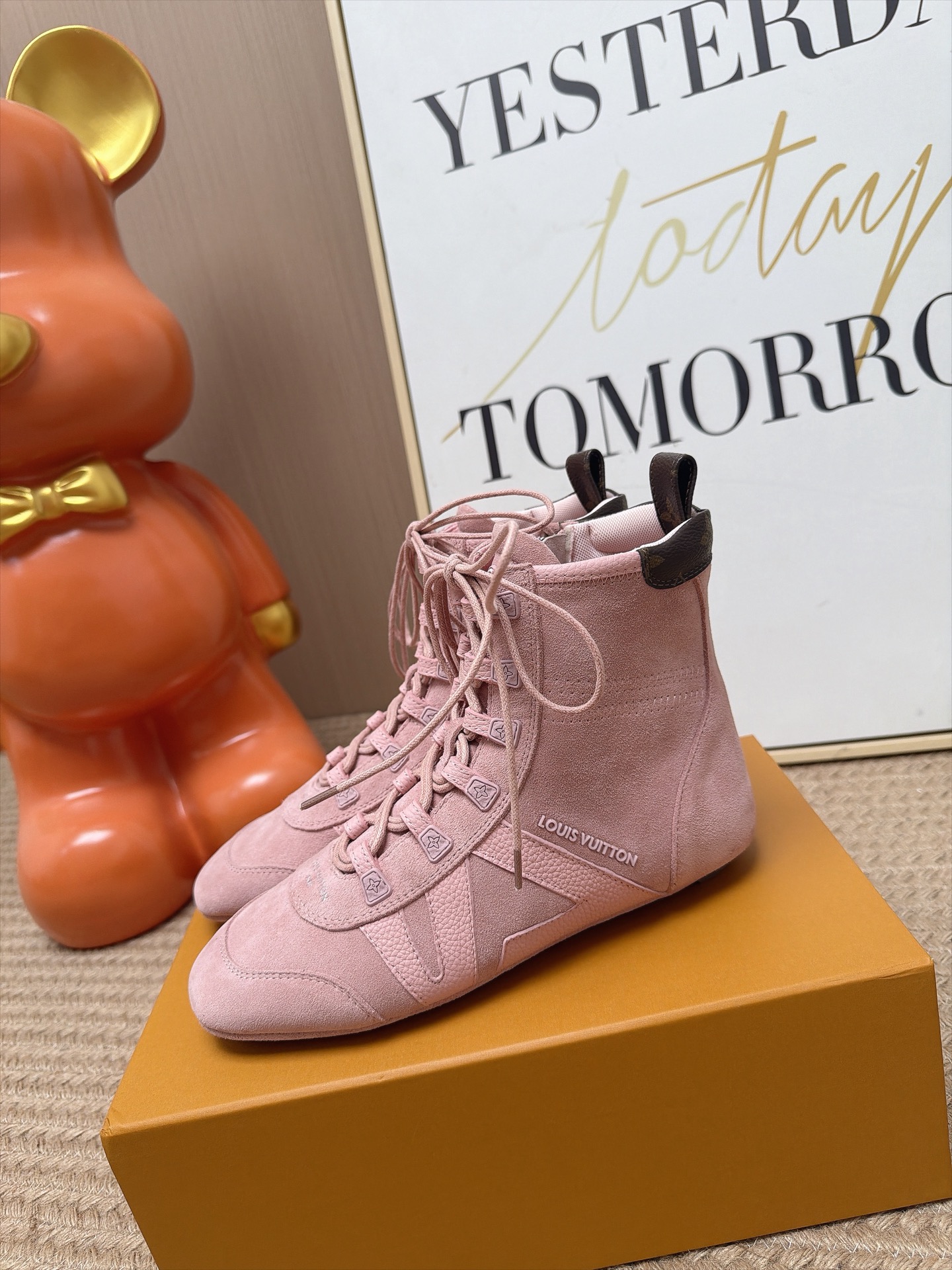 Louis Vuitton Pink Suede Lace Up Boxing Boots
