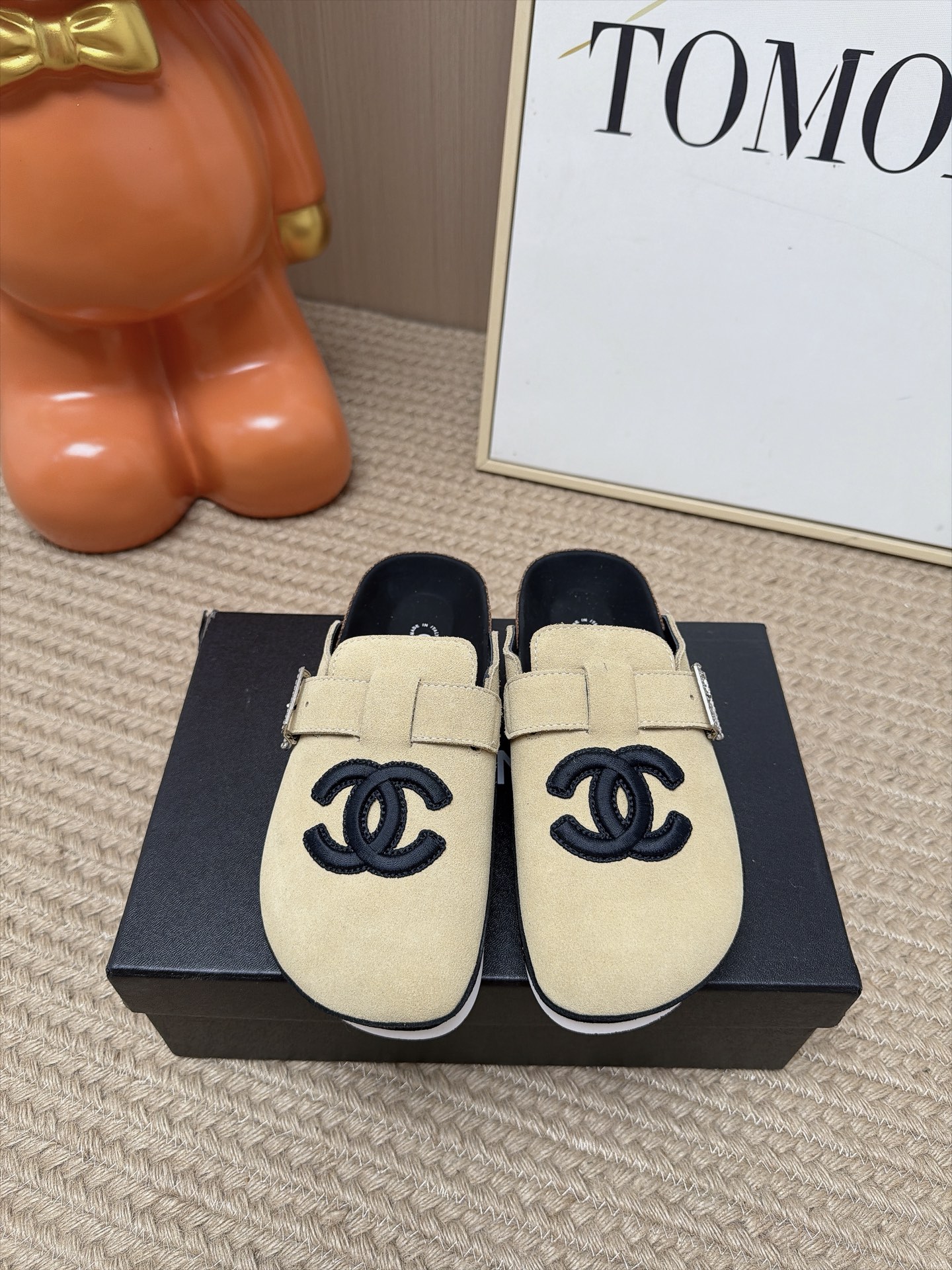 Chanel CC Beige Suede Buckle Mules
