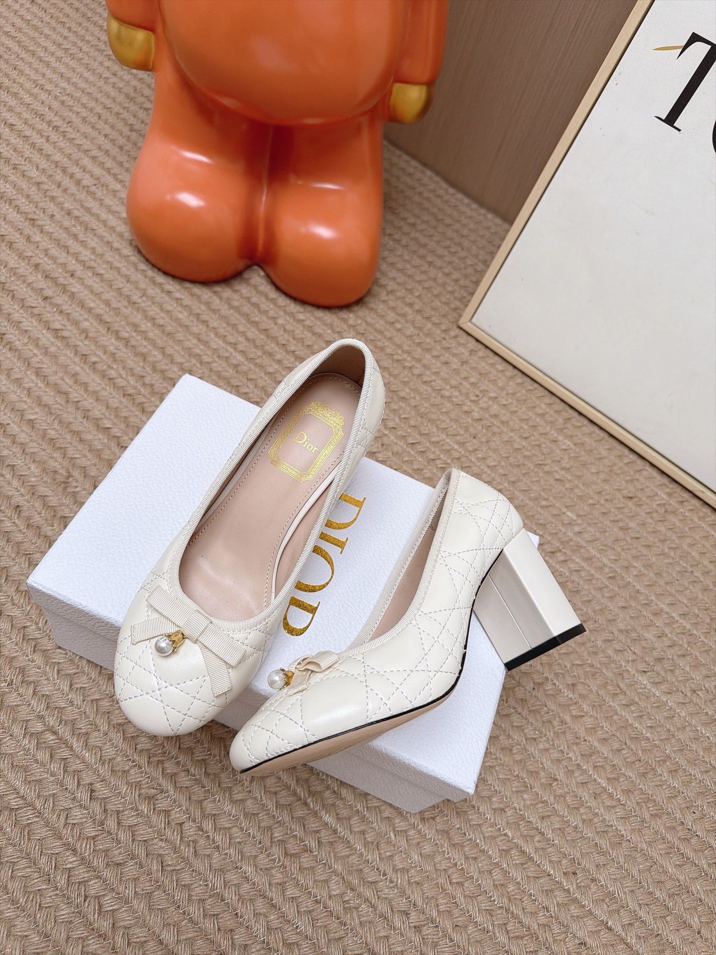 Dior Ivory Quilted Bow Block Heel Pumps
