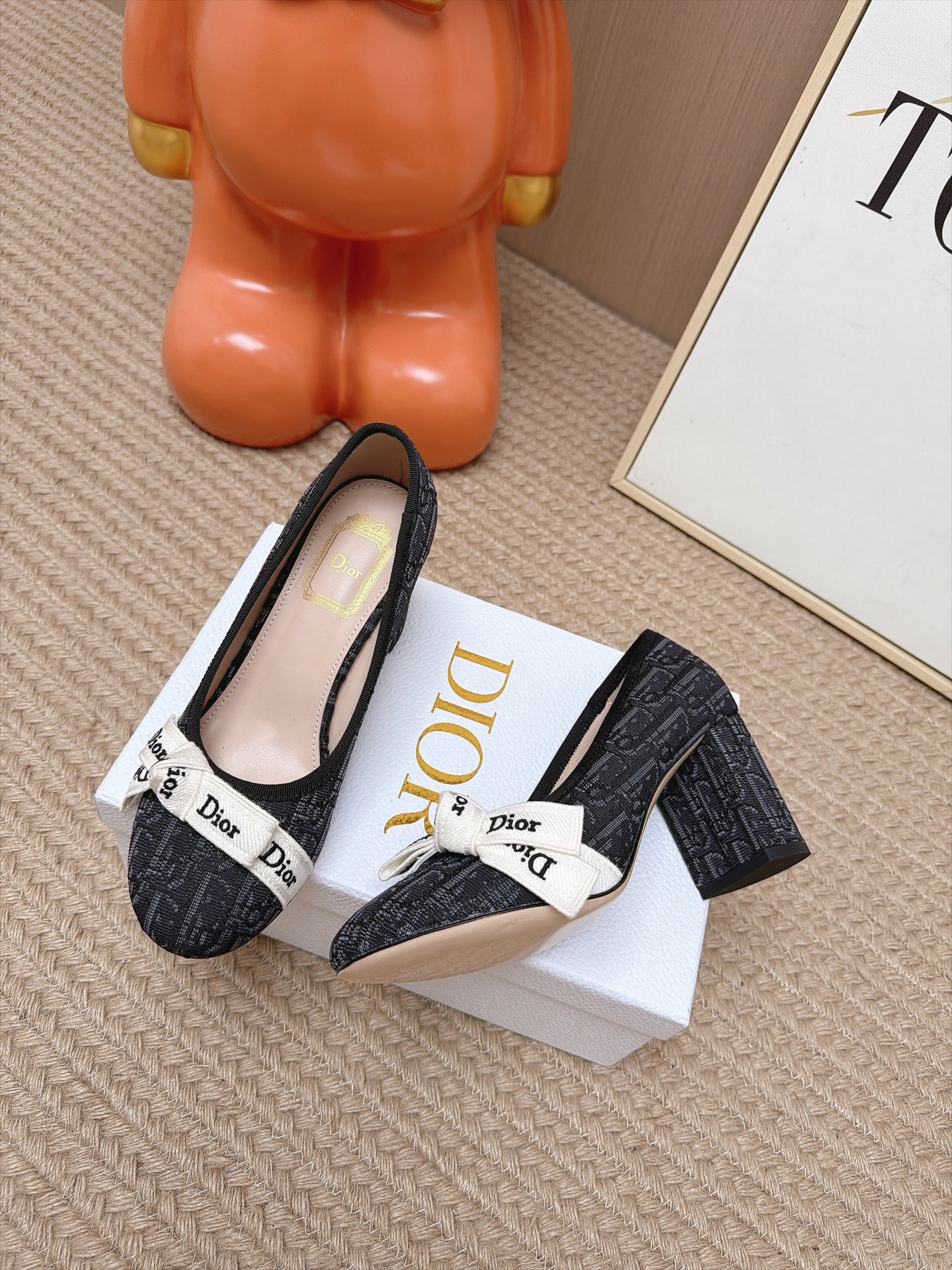 Dior Black Oblique Bow Block Heel Pumps
