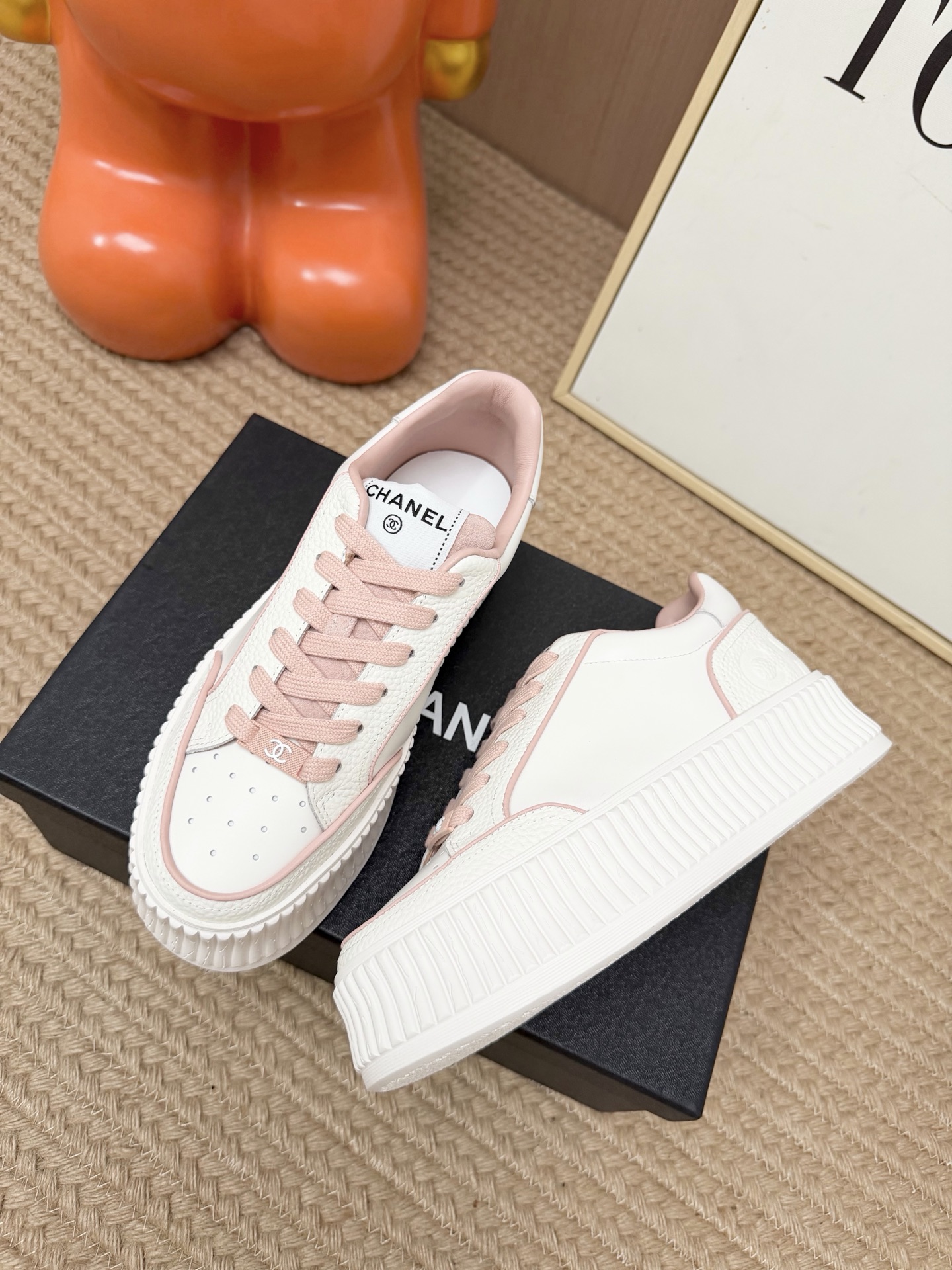 Chanel White Pink Platform Sneakers