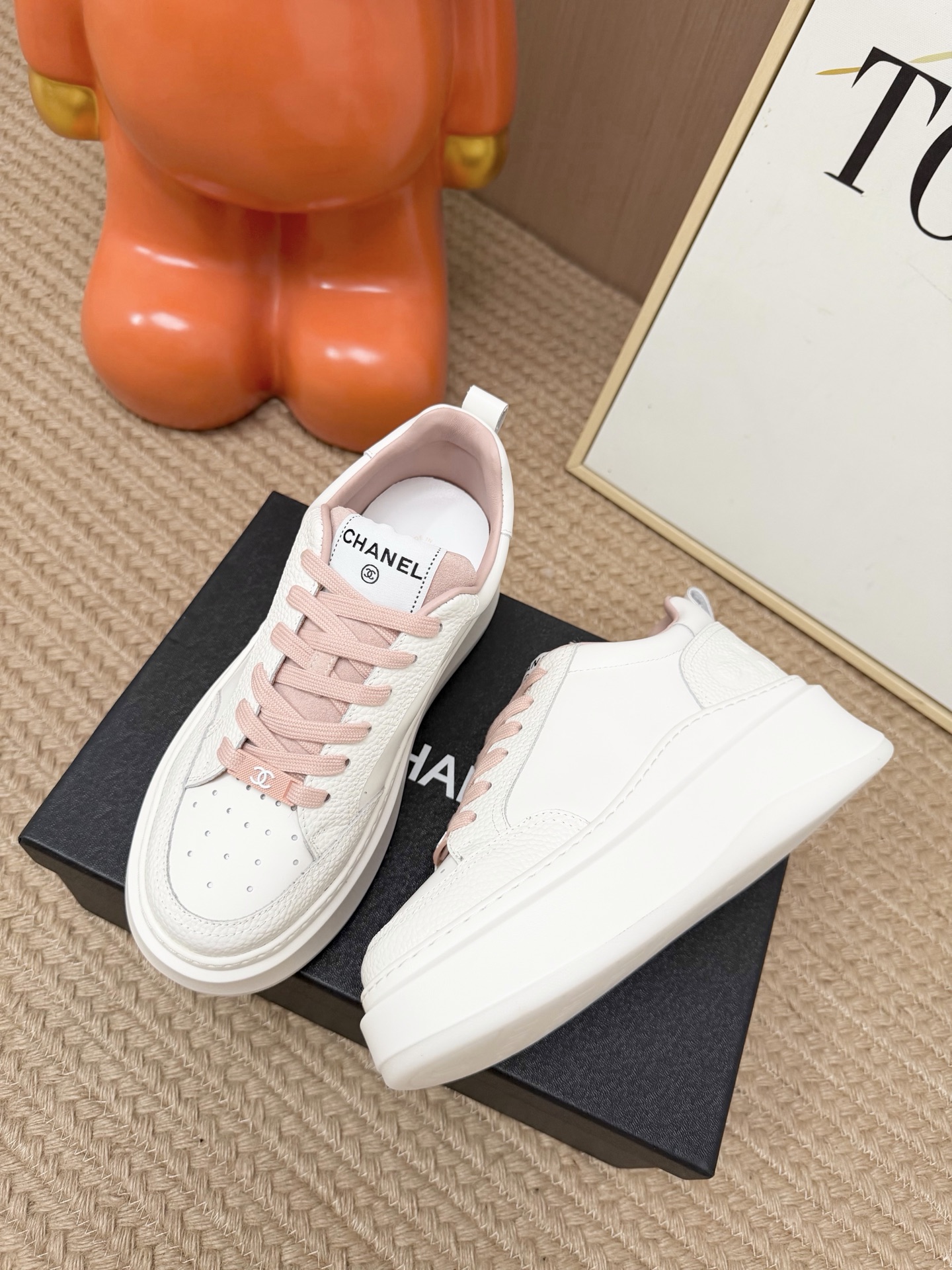 Chanel White Pink Logo Sneakers