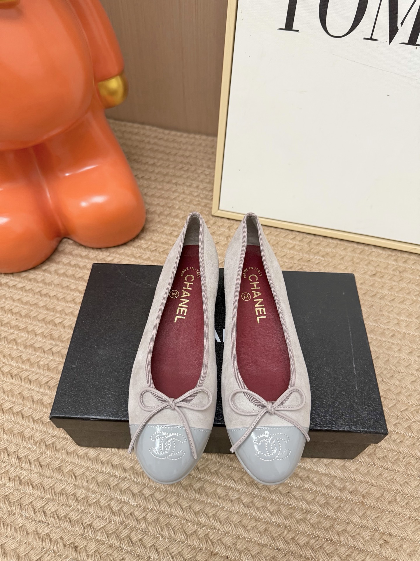 Chanel Gray Cap-Toe Bow Ballet Flats
