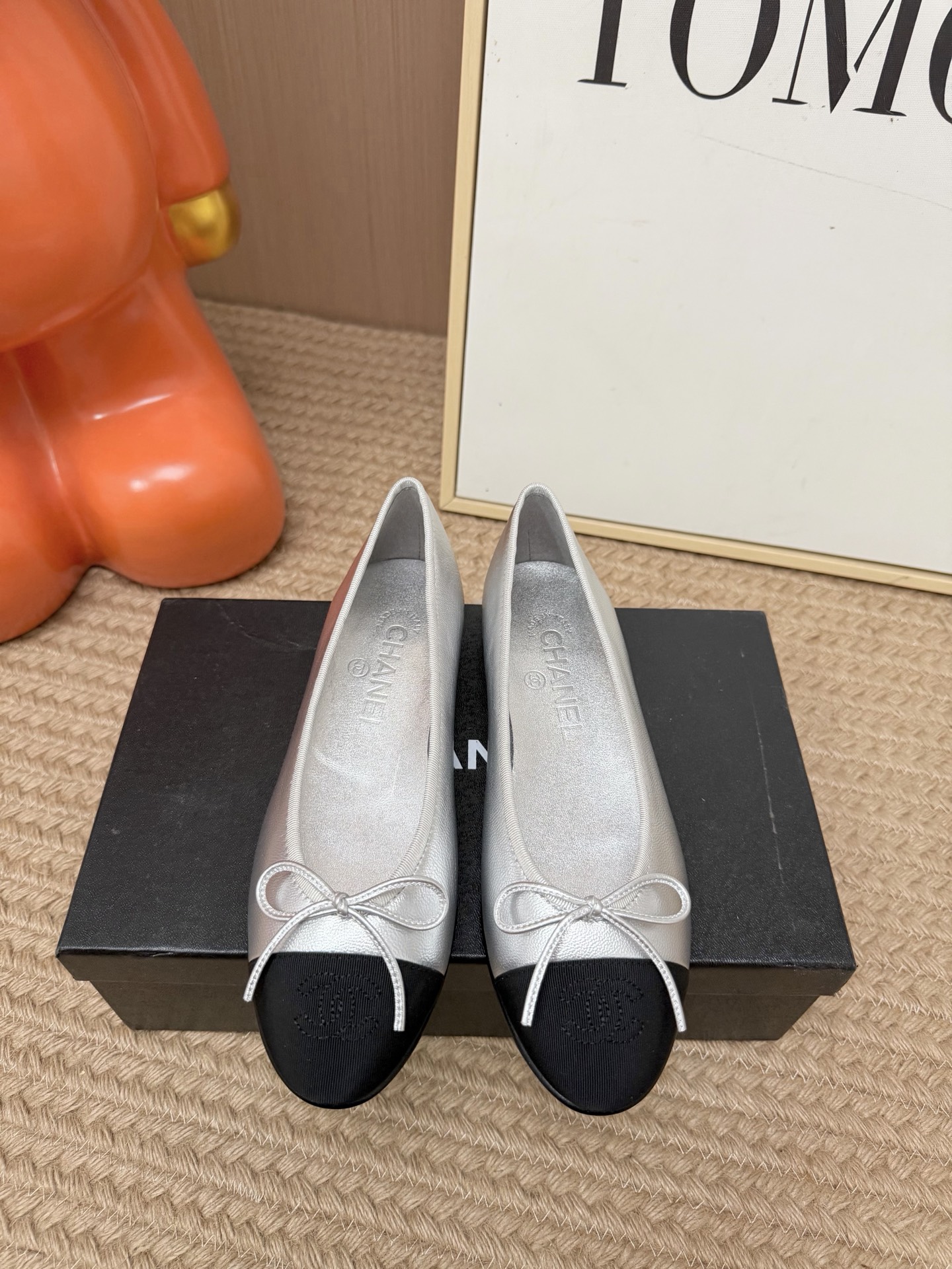 Chanel Silver Cap-Toe Bow Ballet Flats