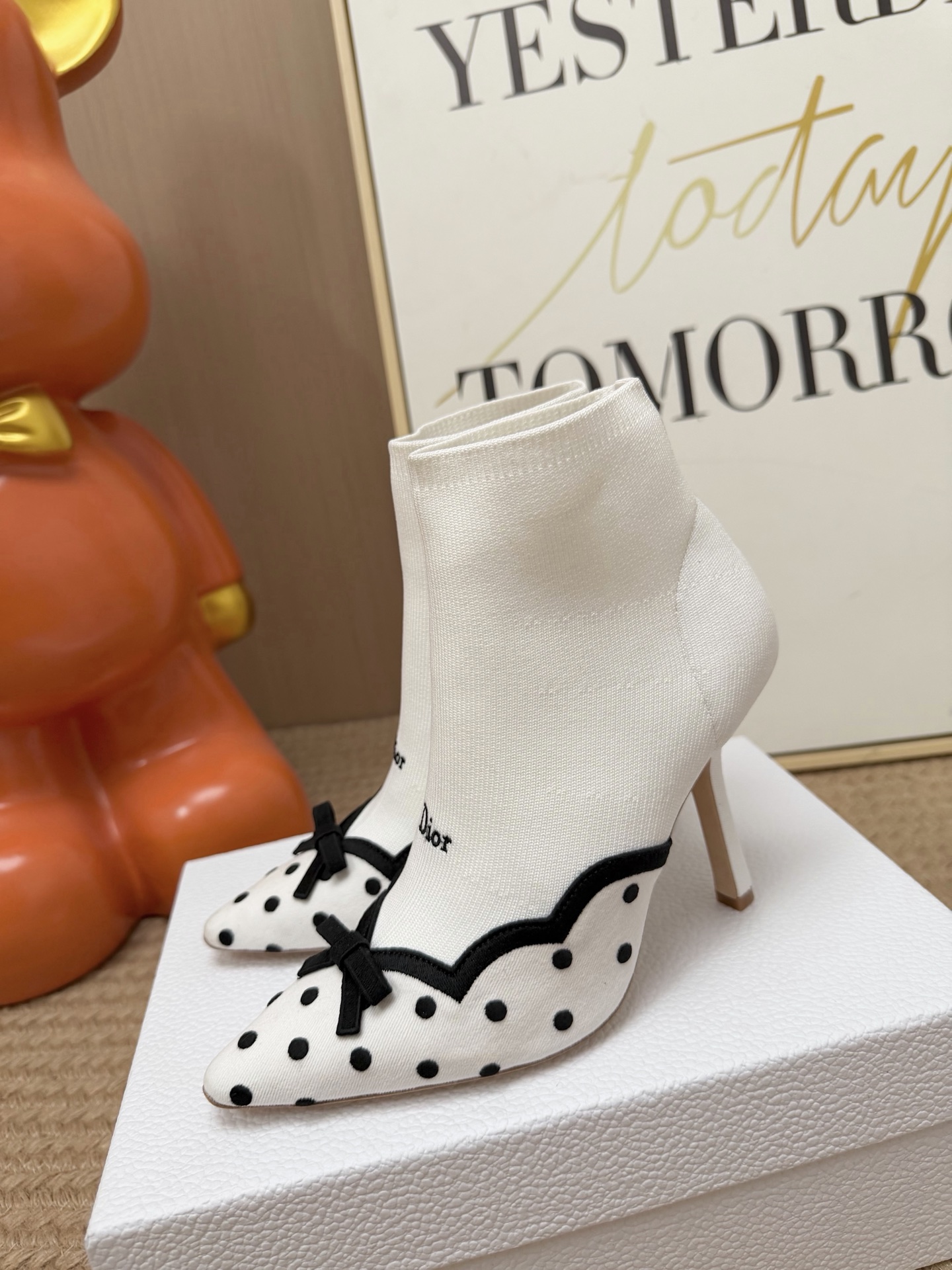 Dior White Polka Dot Heeled Ankle Boots