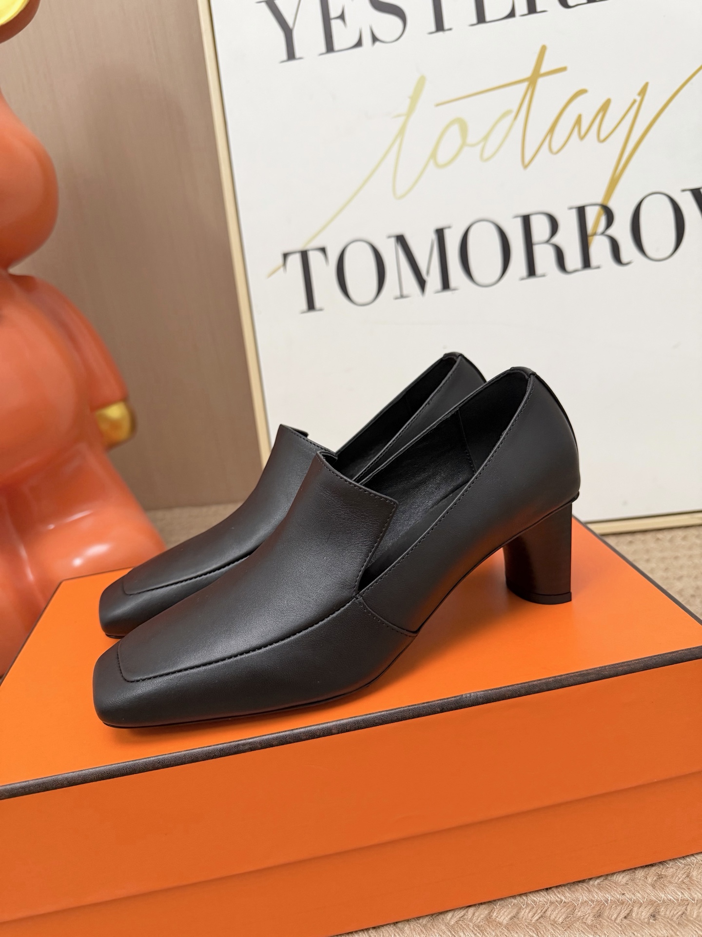 Hermes Black Block Heel Loafers