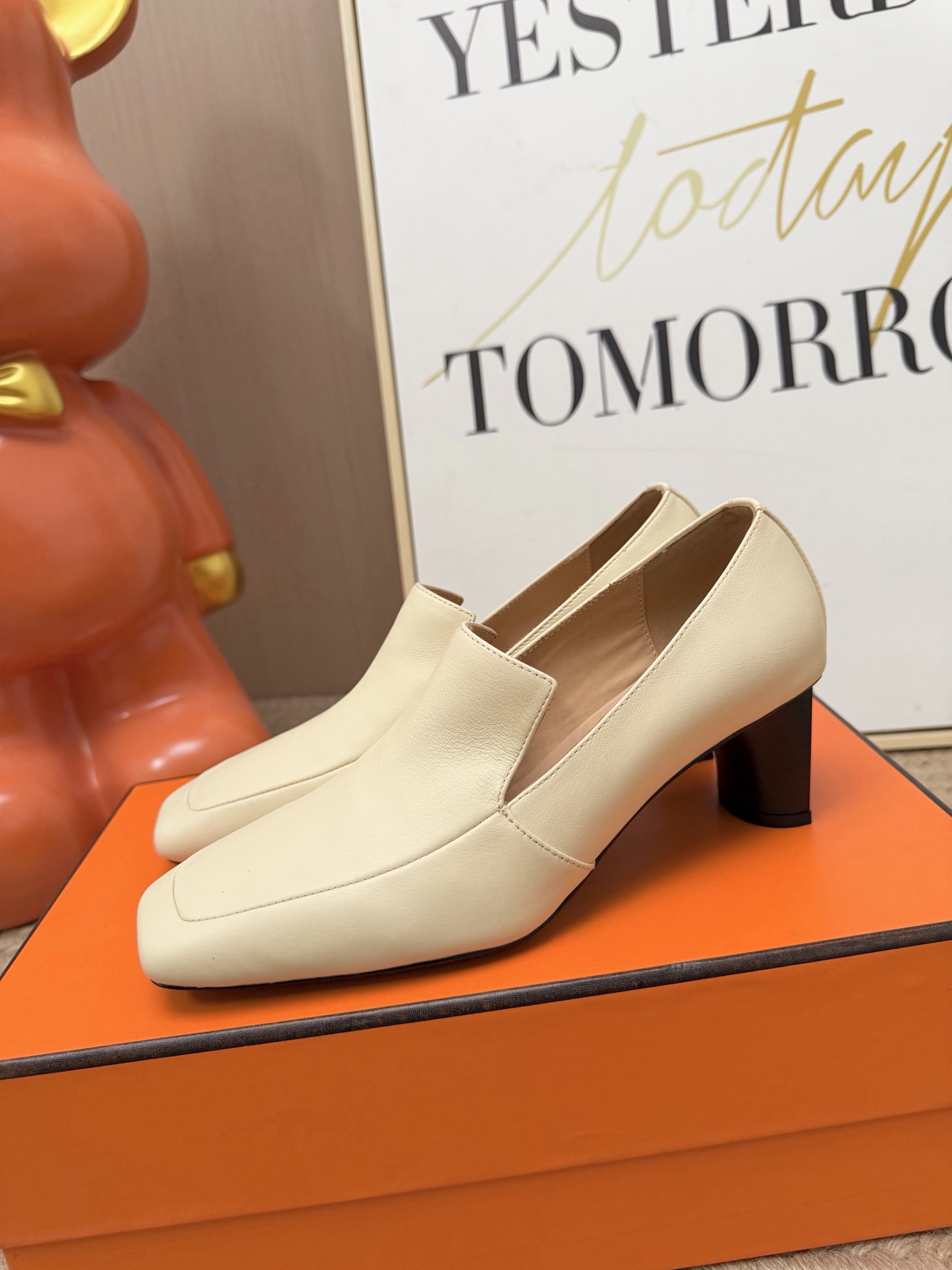 Hermes Cream Block Heel Loafers