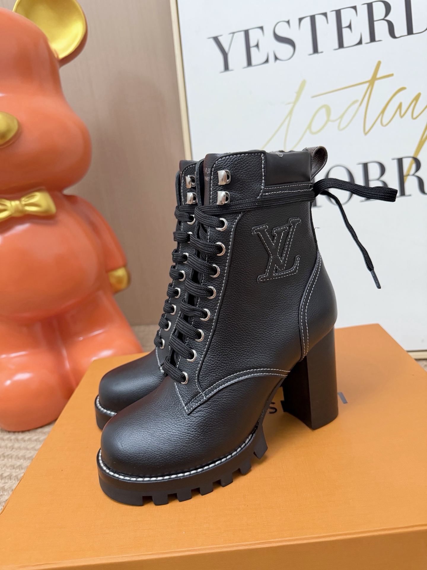 Louis Vuitton Black Buckle Heeled Lace-Up Boots