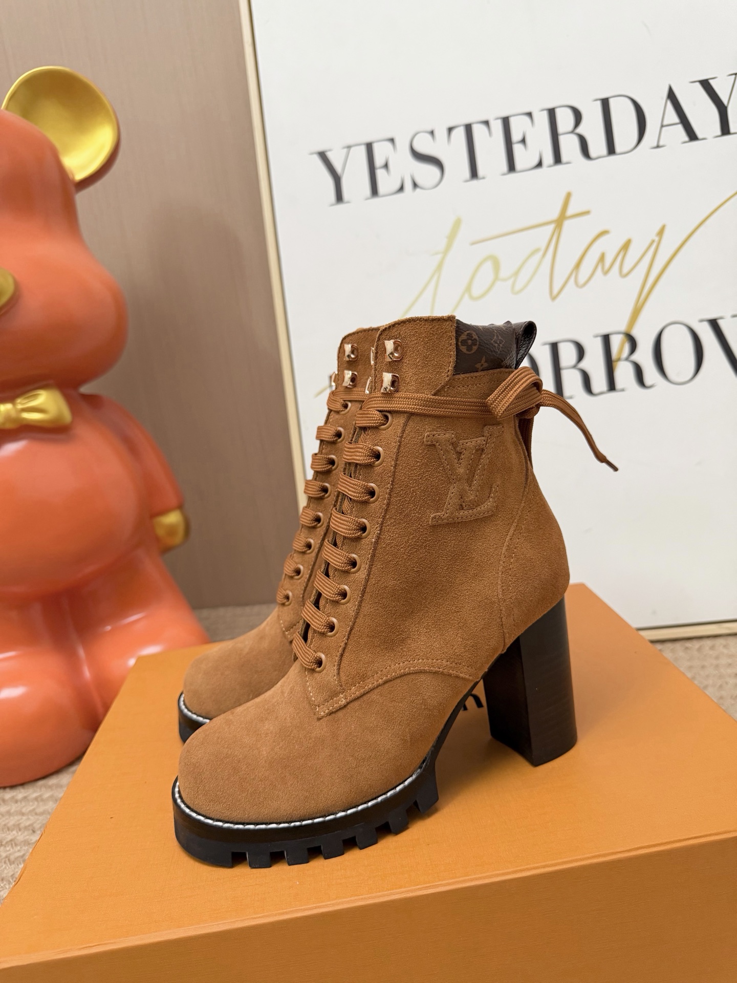 Louis Vuitton Tan Heeled Lace-Up Boots