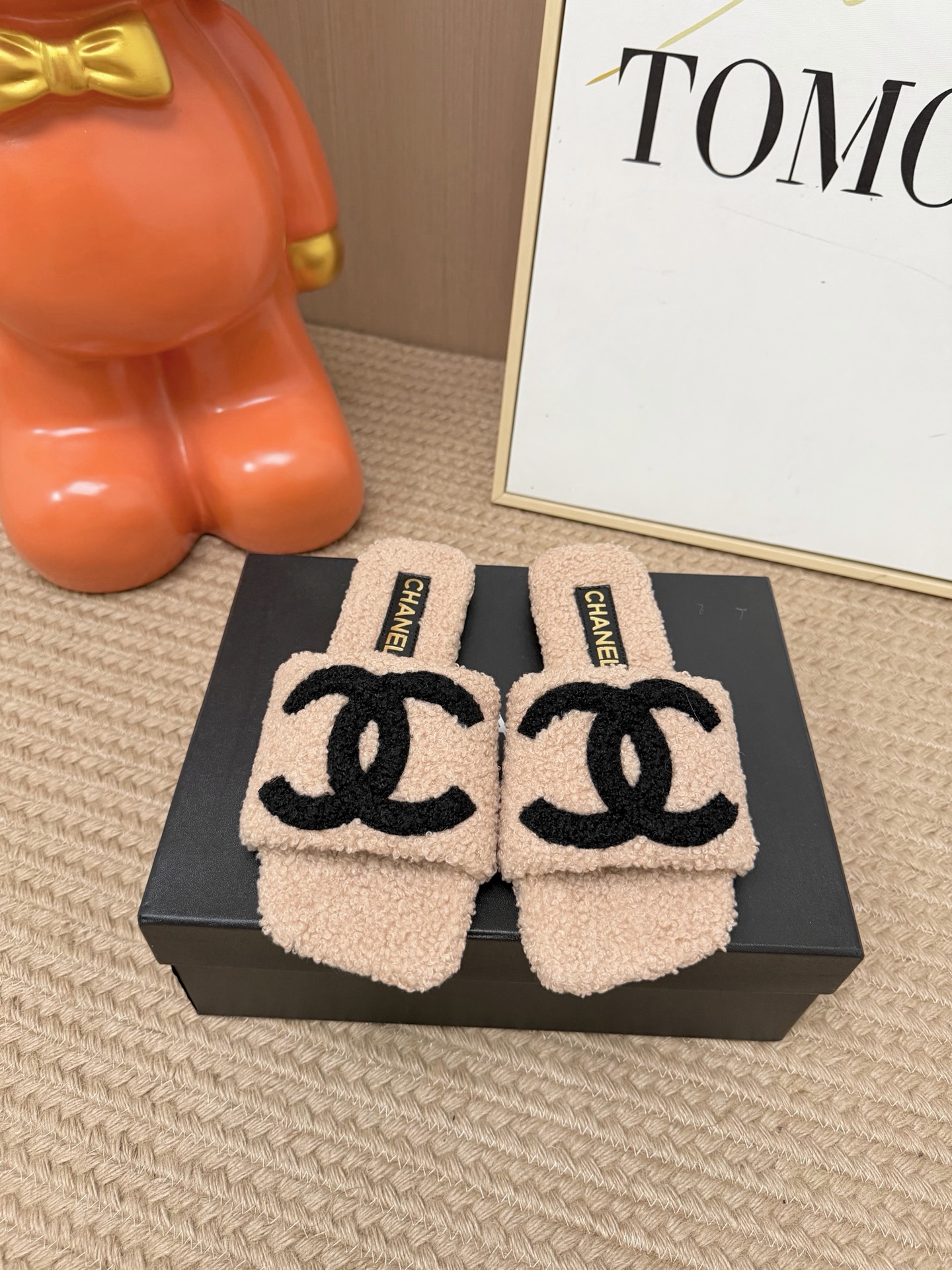 Chanel Pink Logo Fuzzy Slide Sandals