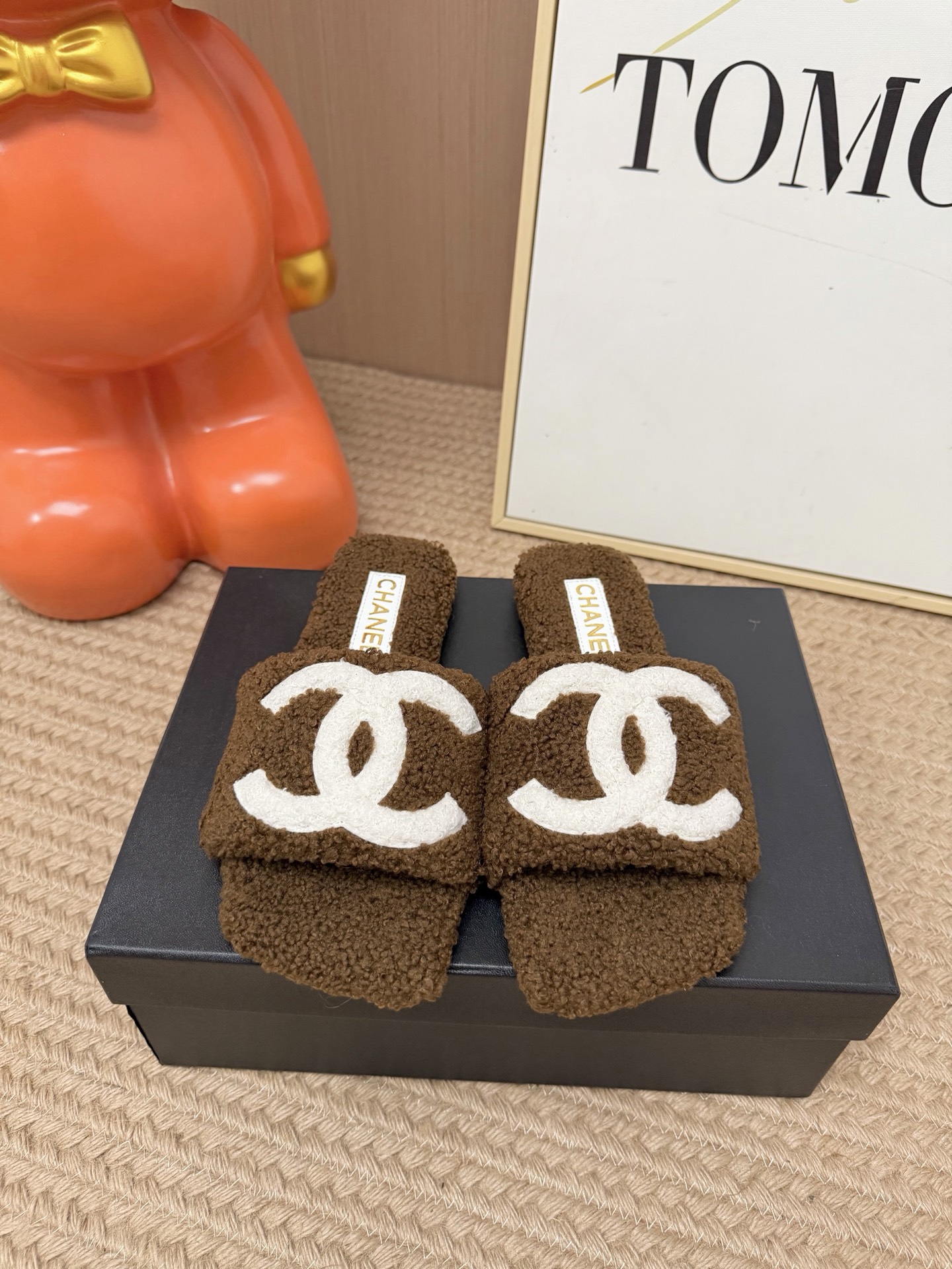 Chanel Brown Logo Fuzzy Slide Sandals