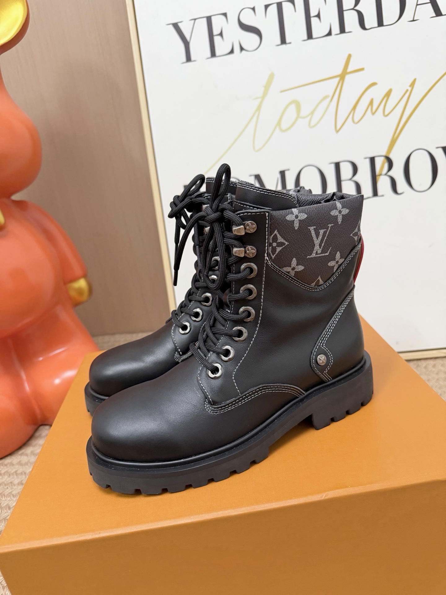 Louis Vuitton Black Monogram Collar Lace-Up Boots