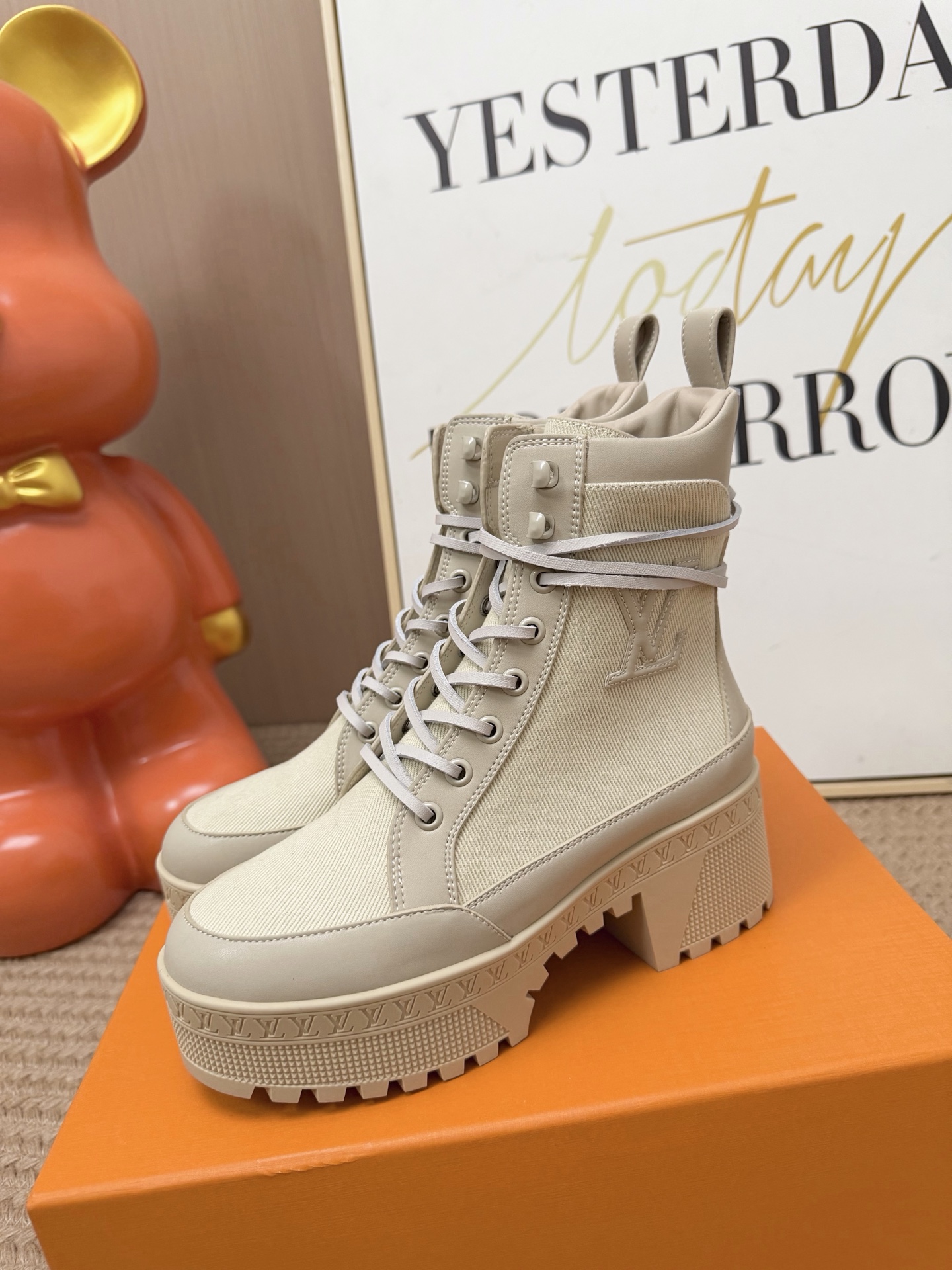 Louis Vuitton Beige Platform Lace-Up Boots
