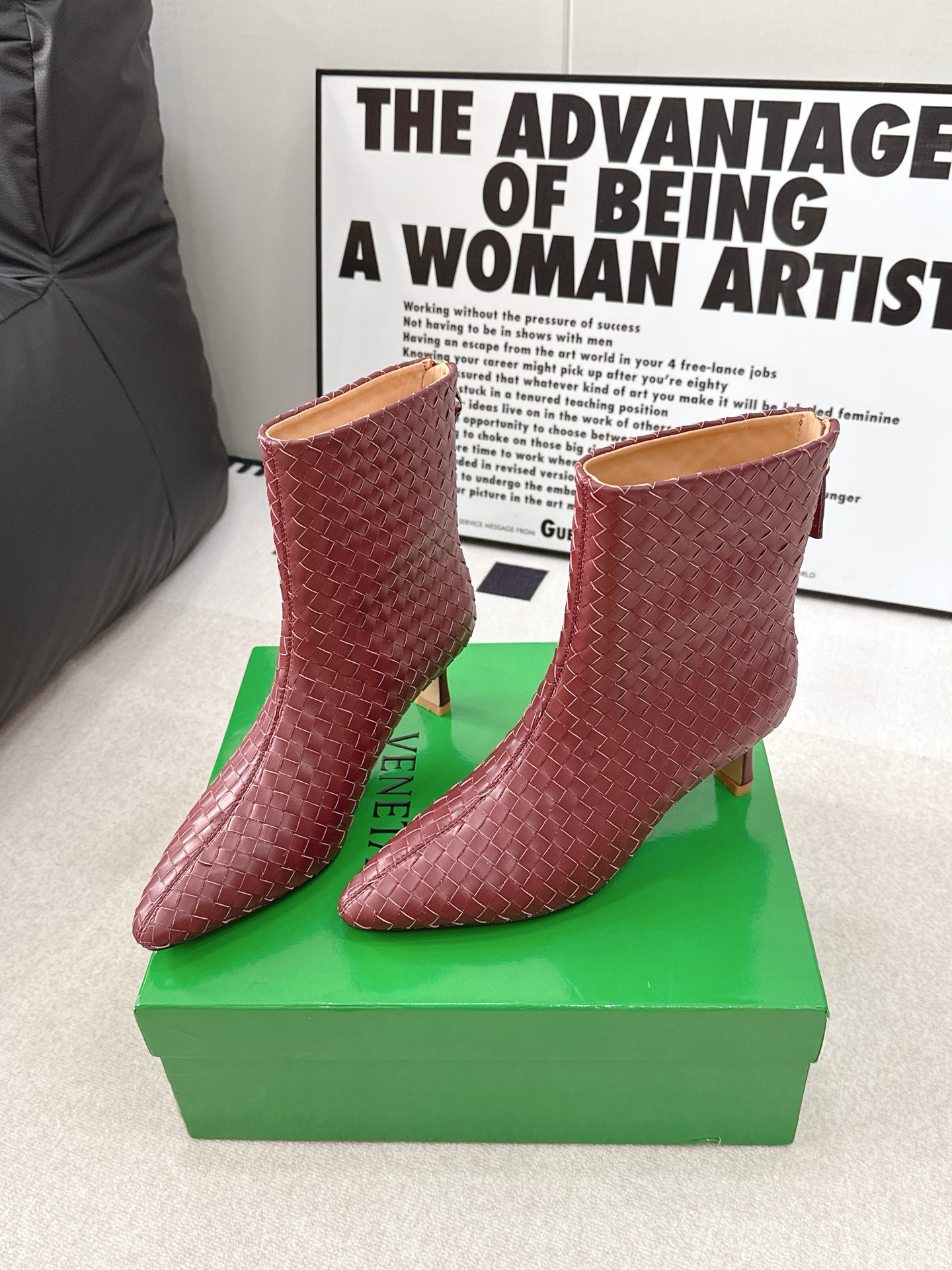 Bottega Veneta Burgundy Woven Ankle Boots