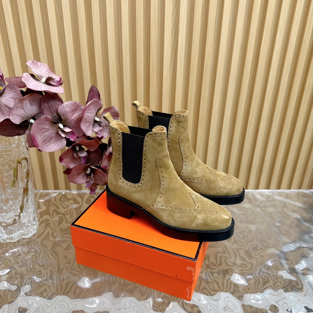 Hermes Short Boots Calfskin Cowhide Deerskin Genuine Leather Rubber Fall/Winter Collection