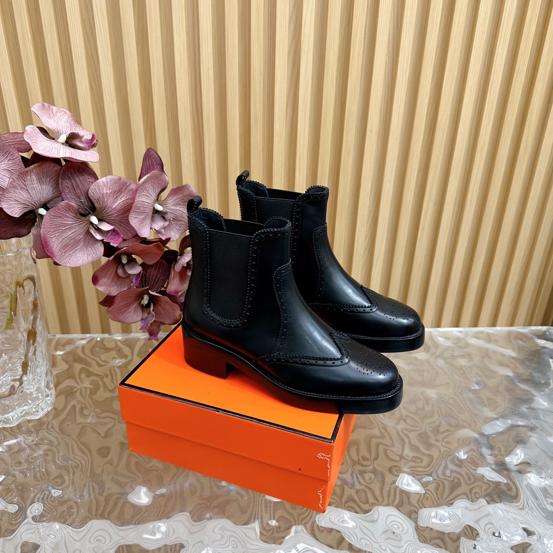 Hermes Short Boots Calfskin Cowhide Deerskin Genuine Leather Rubber Fall/Winter Collection