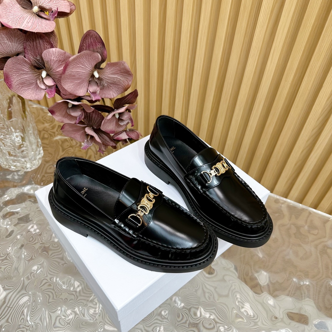 Celine Shoes Loafers Plain Toe Cowhide Rubber Sheepskin Spring/Fall Collection Vintage