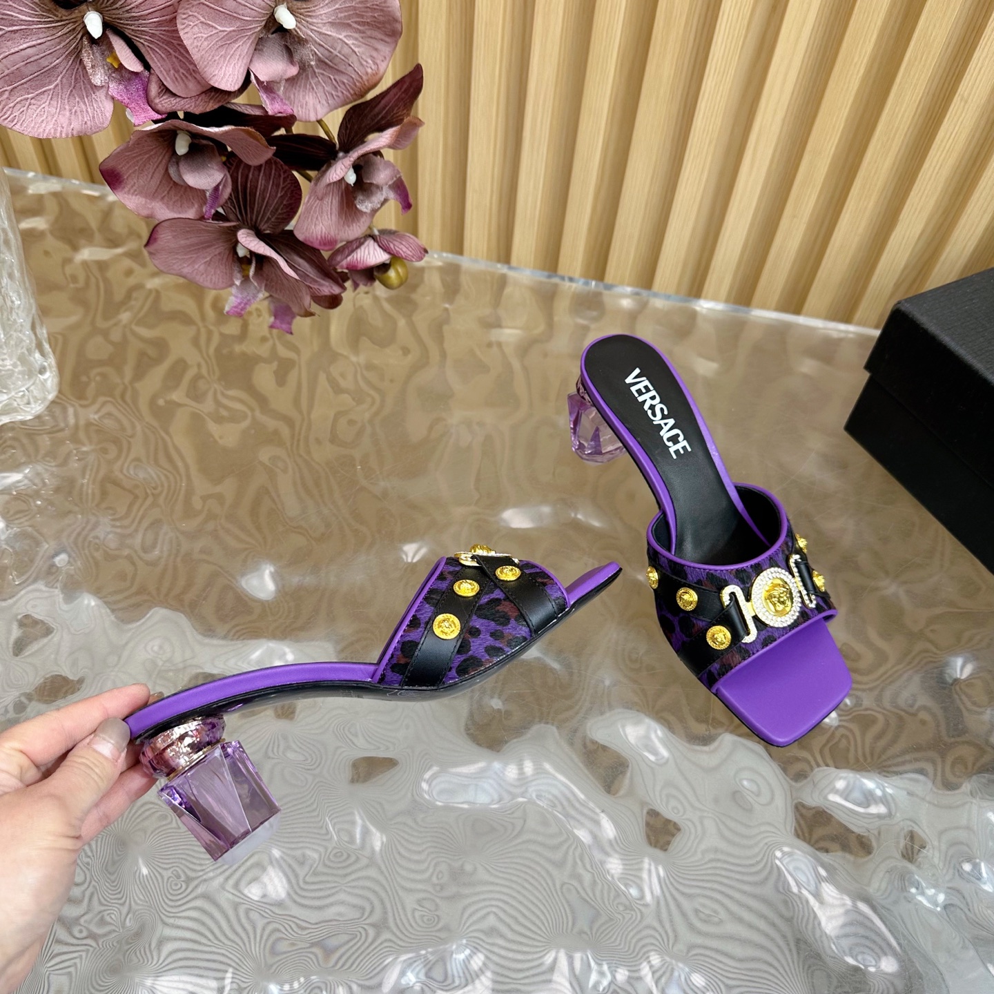 Versace Gianni Ribbon Crystal Heeled Sandals/Mules - Purple & Leopard Print 9 i1742202104905 9111 0 7