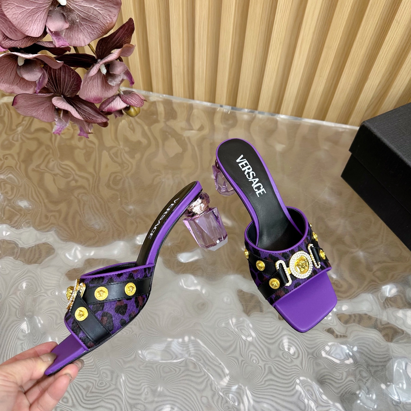 Versace Gianni Ribbon Crystal Heeled Sandals/Mules - Purple & Leopard Print 8 i1742202104911 8928 0 6