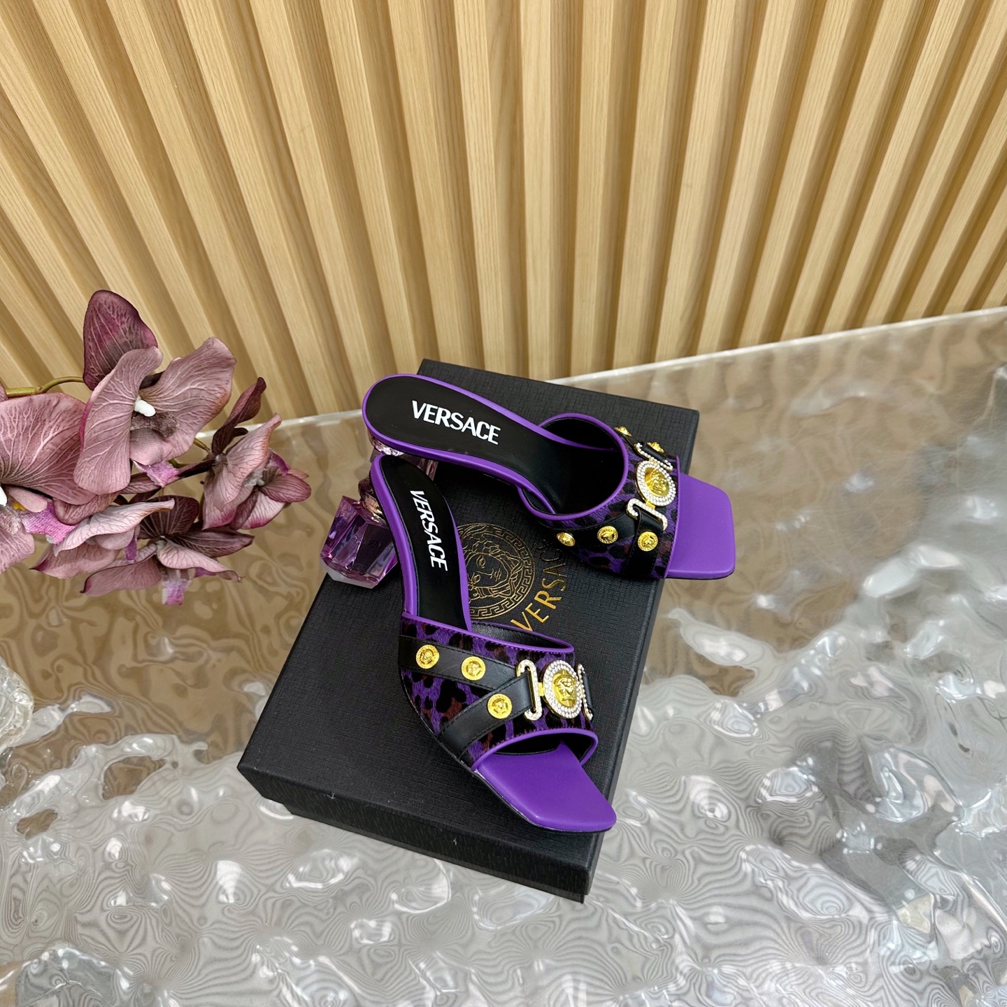 Versace Gianni Ribbon Crystal Heeled Sandals/Mules - Purple & Leopard Print 3 i1742202104924 4801 0 1