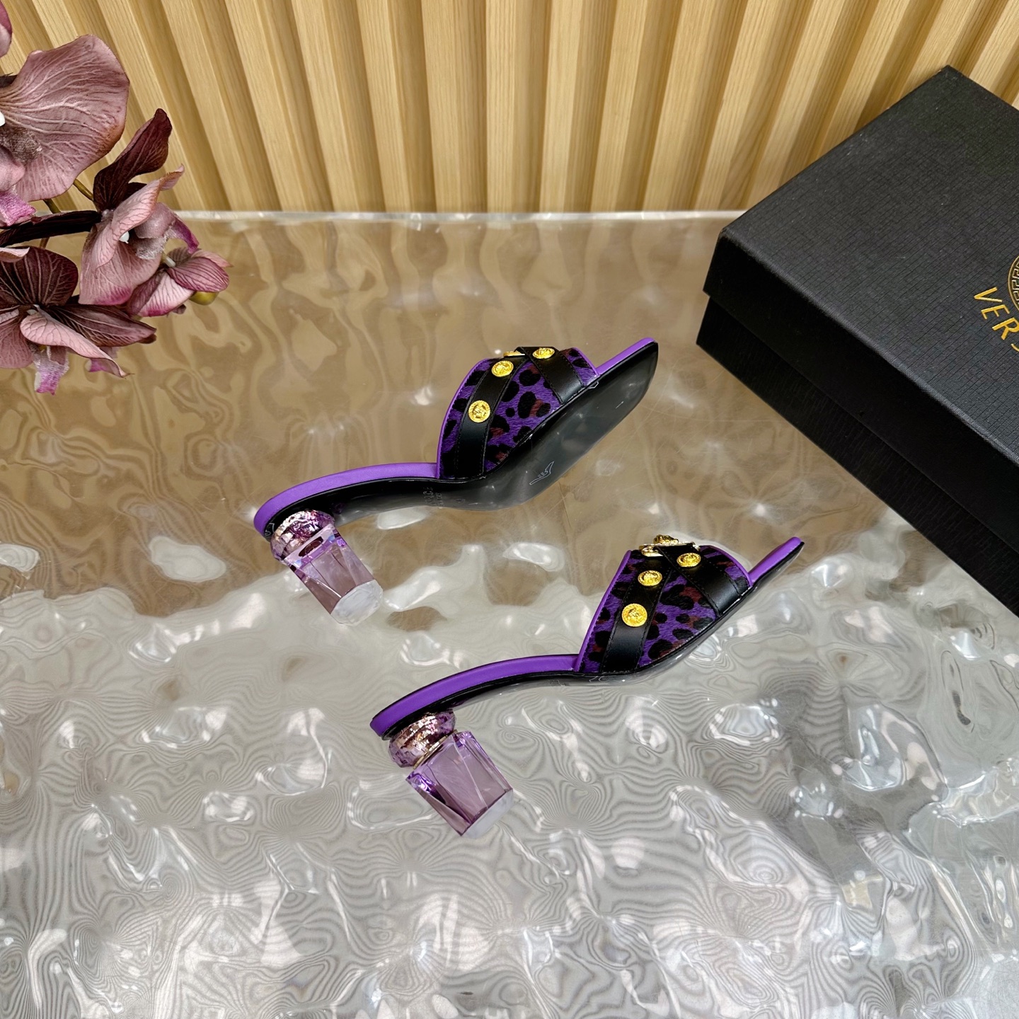 Versace Gianni Ribbon Crystal Heeled Sandals/Mules - Purple & Leopard Print 10 i1742202104925 537 0 8