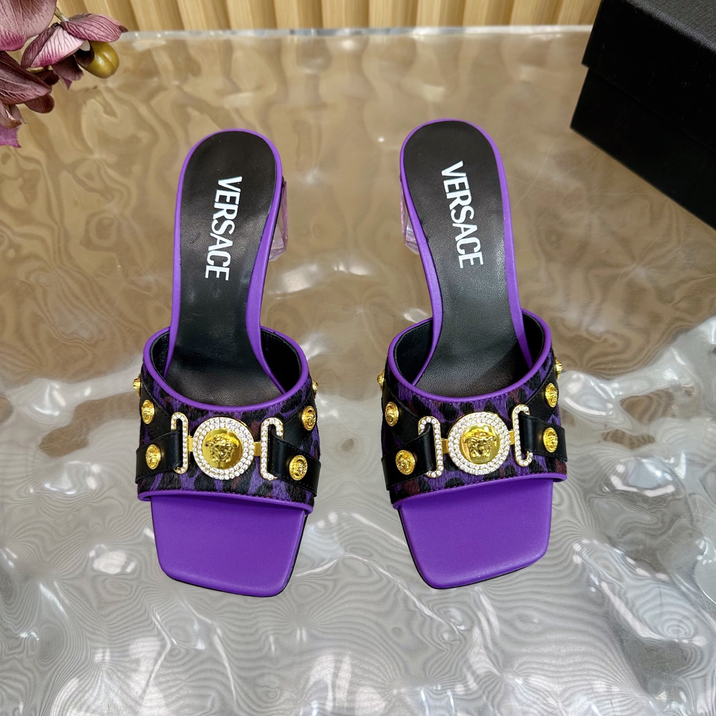 Versace Gianni Ribbon Crystal Heeled Sandals/Mules - Purple & Leopard Print 6 i1742202106034 700 0 4
