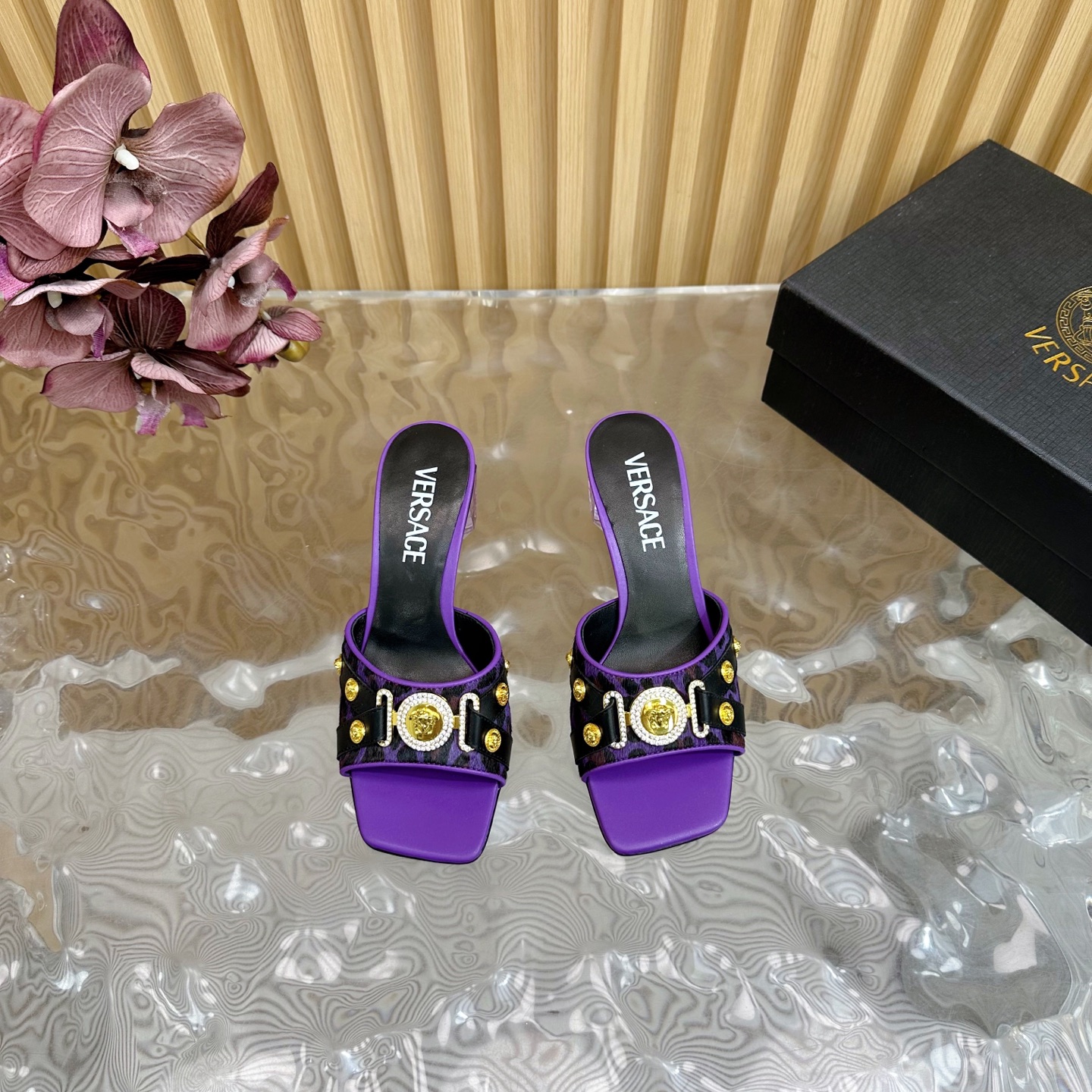 Versace Gianni Ribbon Crystal Heeled Sandals/Mules - Purple & Leopard Print 5 i1742202106040 7544 0 3