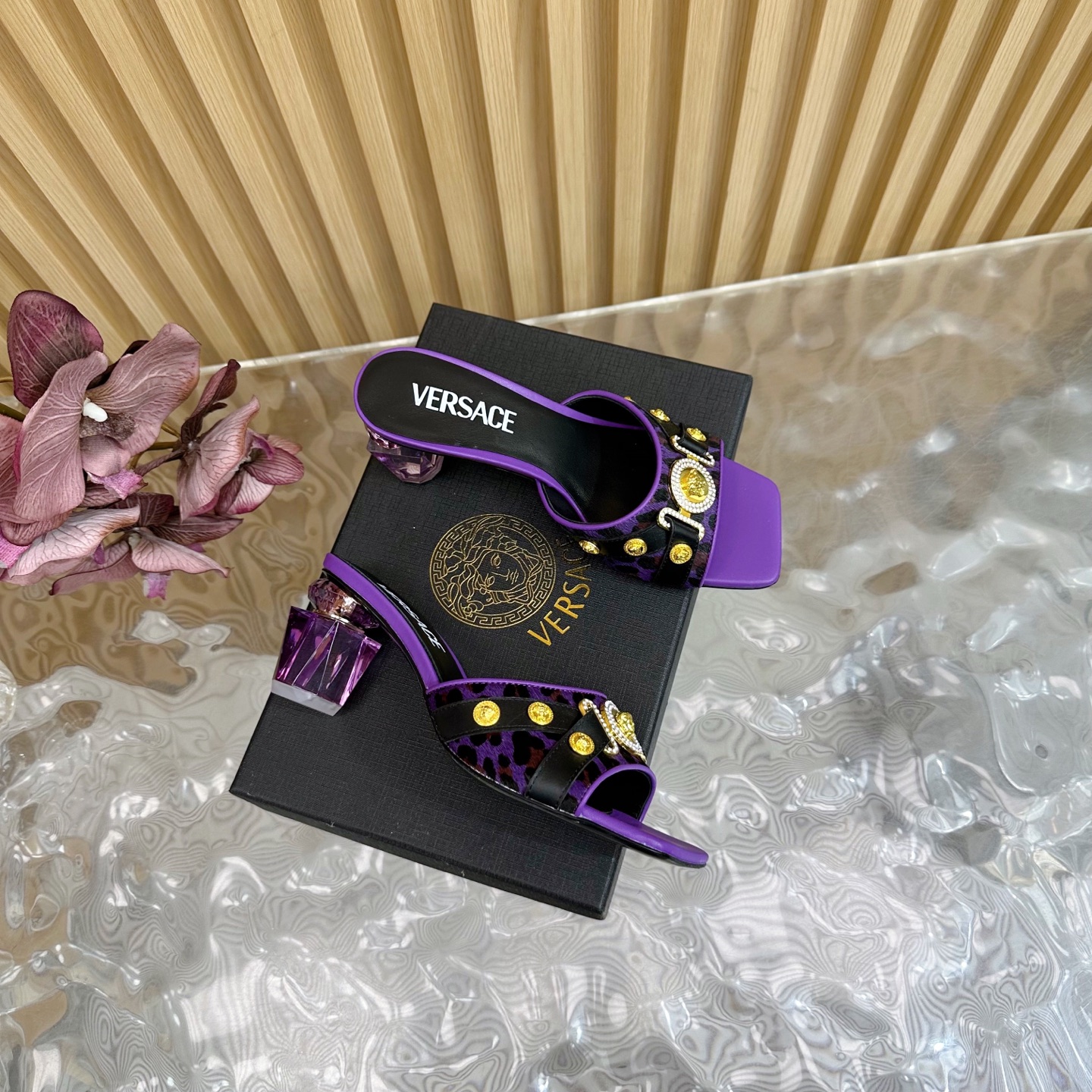 Versace Gianni Ribbon Crystal Heeled Sandals/Mules - Purple & Leopard Print 4 i1742202106043 2841 0 2
