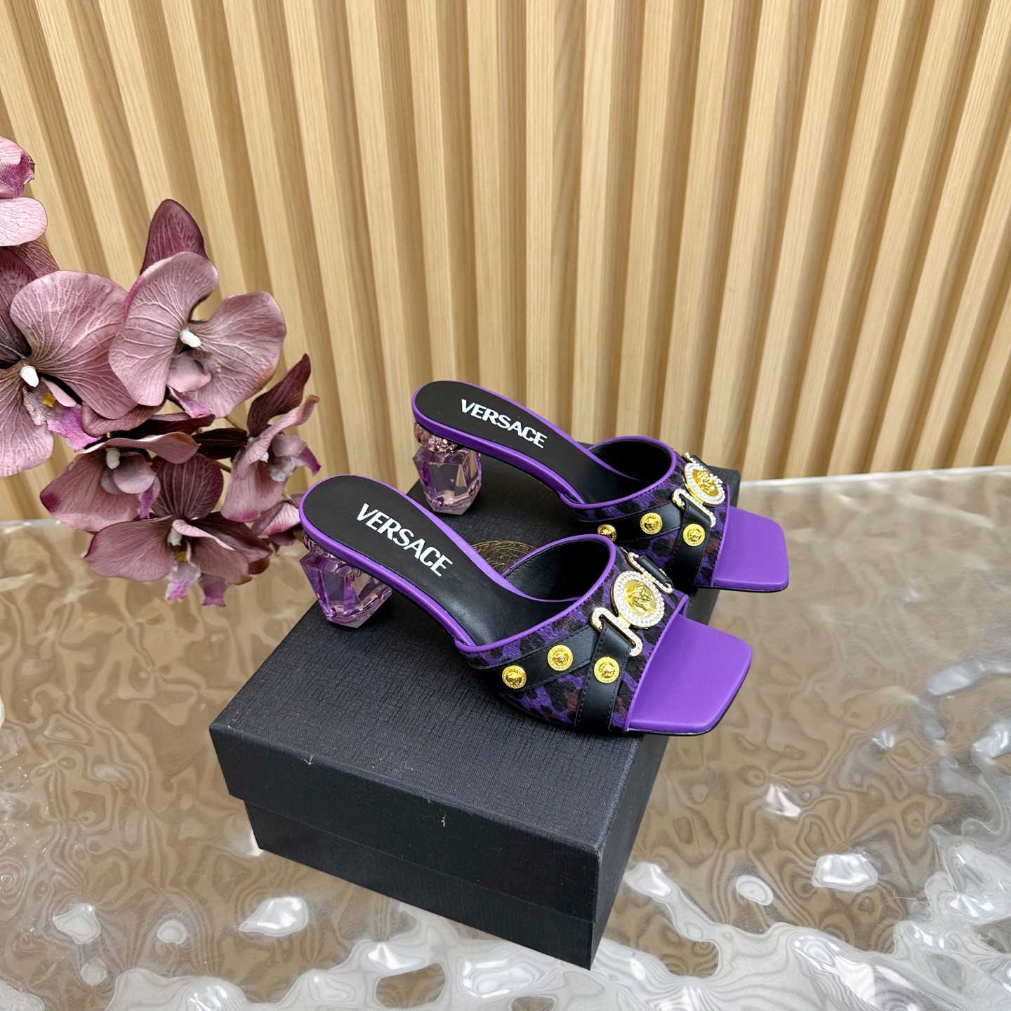 Versace Gianni Ribbon Crystal Heeled Sandals/Mules - Purple & Leopard Print 2 i1742202106055 3672 0 0