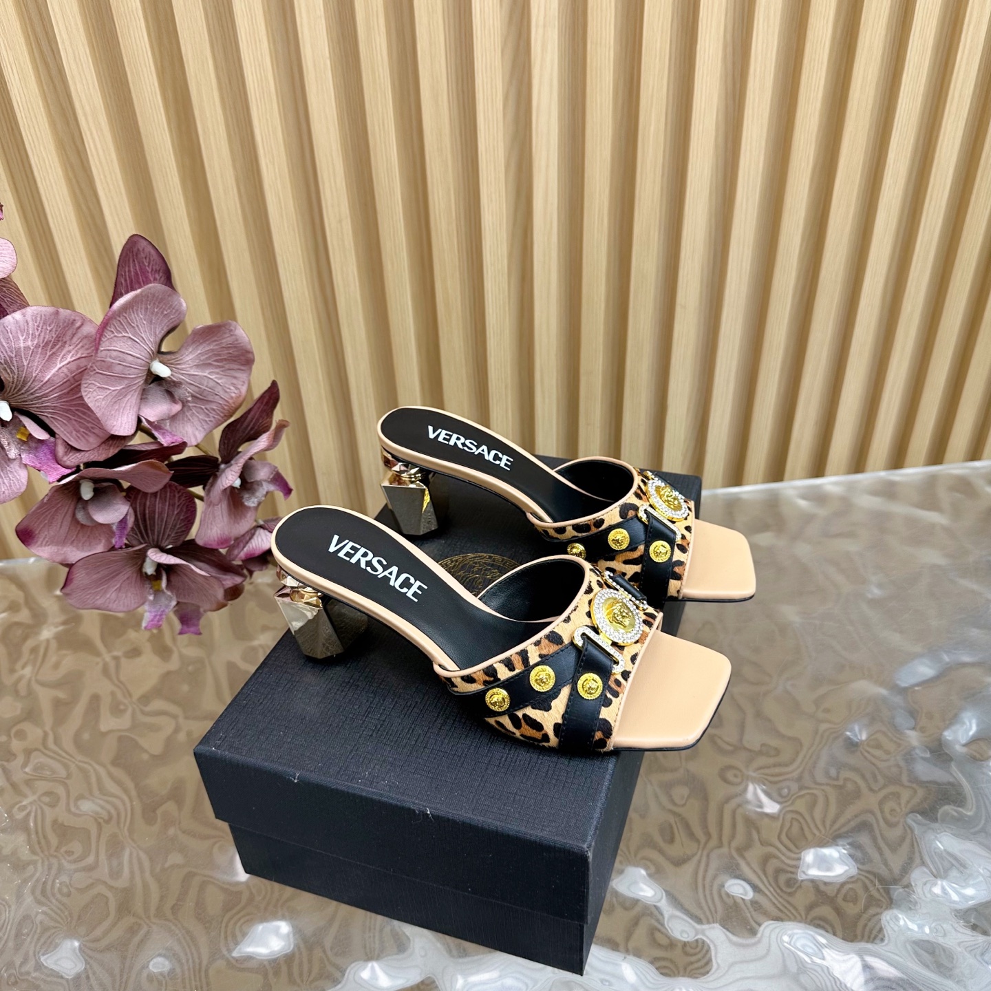 Versace Gianni Ribbon Crystal Heel Sandals/ Slippers-Leopard Print