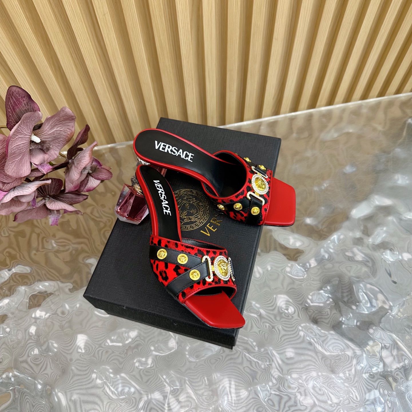 Versace GIANNI RIBBON Crystal Heeled Sandals - Leopard Print, Red Leather 3 i1742202203227 2607 0 1