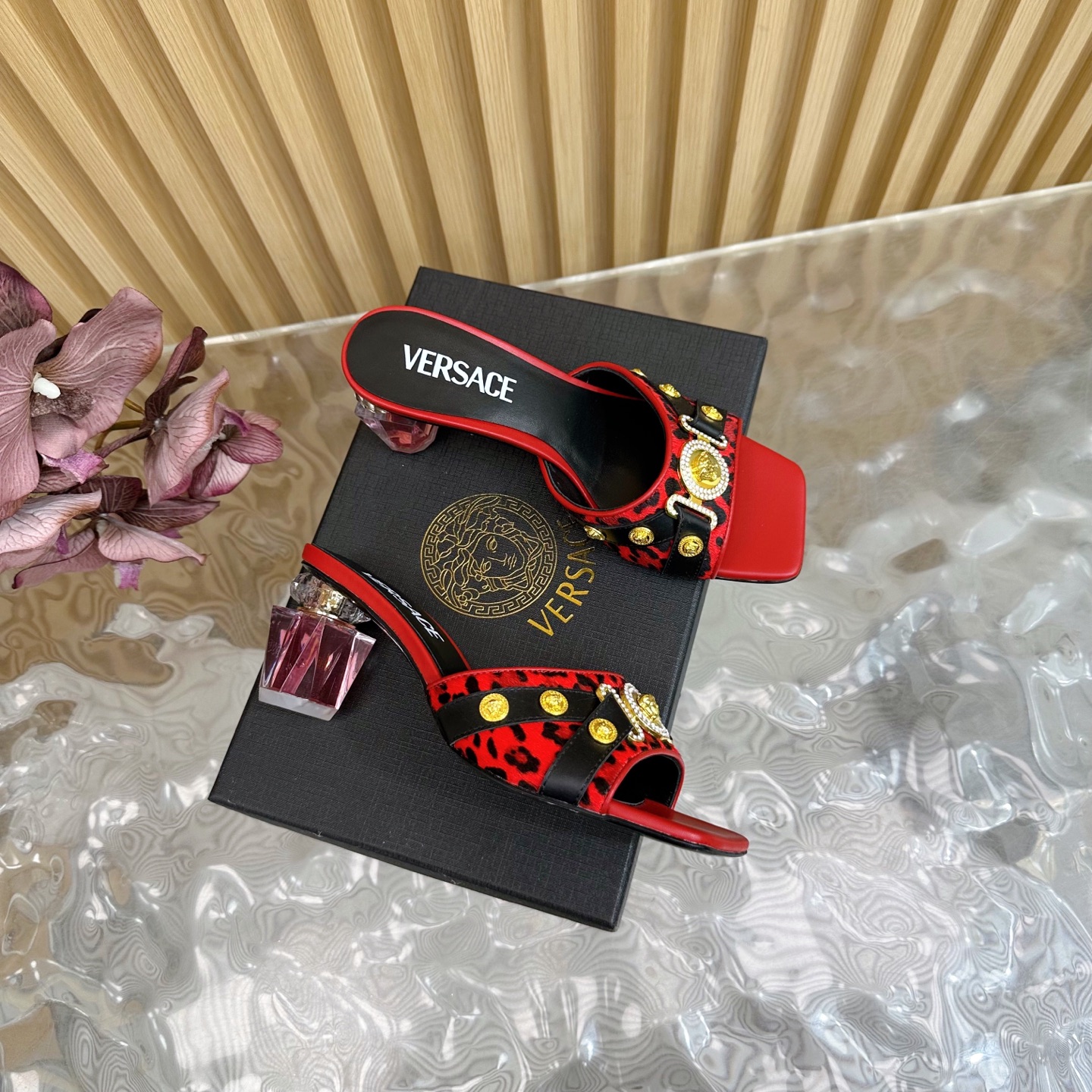 Versace GIANNI RIBBON Crystal Heeled Sandals - Leopard Print, Red Leather 4 i1742202203265 7635 0 2