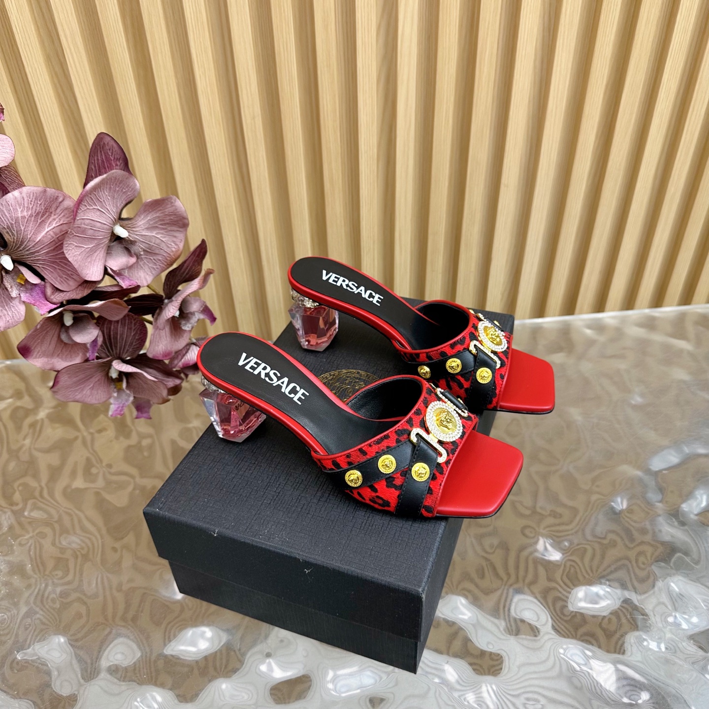 Versace GIANNI RIBBON Crystal Heeled Sandals - Leopard Print, Red Leather