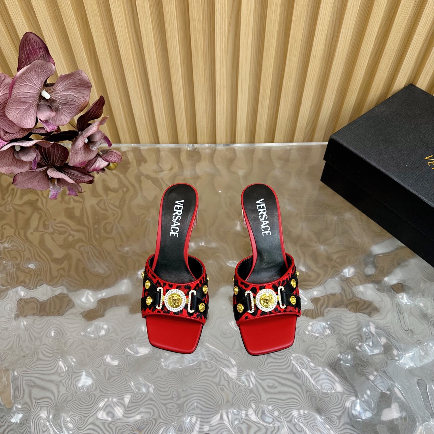 Versace GIANNI RIBBON Crystal Heeled Sandals - Leopard Print, Red Leather 5 i1742202203293 4191 0 3