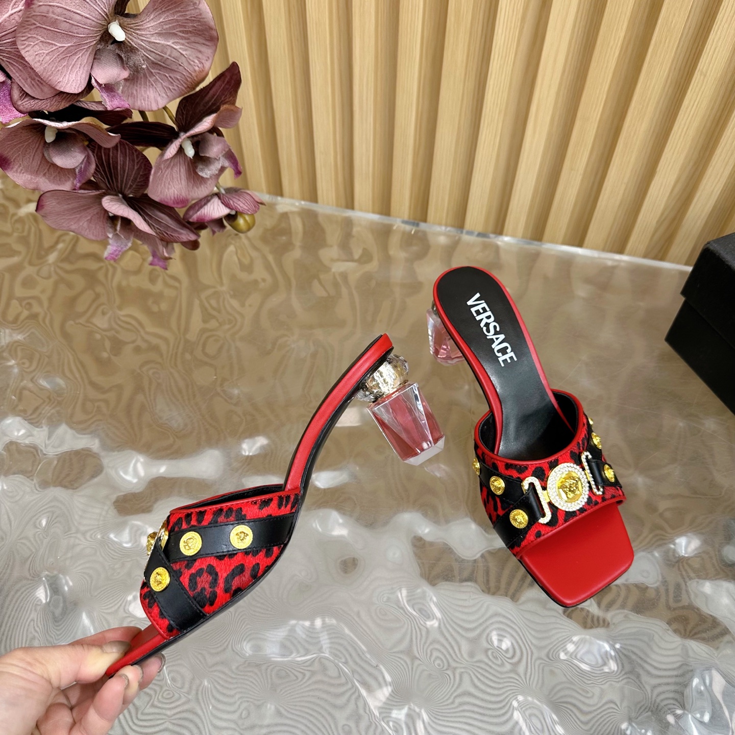 Versace GIANNI RIBBON Crystal Heeled Sandals - Leopard Print, Red Leather 8 i1742202203307 4631 0 6