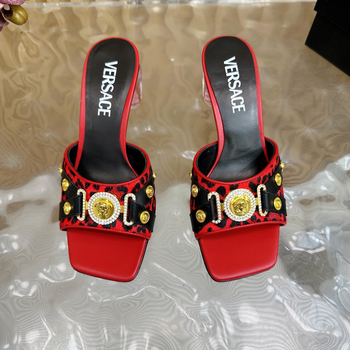 Versace GIANNI RIBBON Crystal Heeled Sandals - Leopard Print, Red Leather 6 i1742202204218 9034 0 4