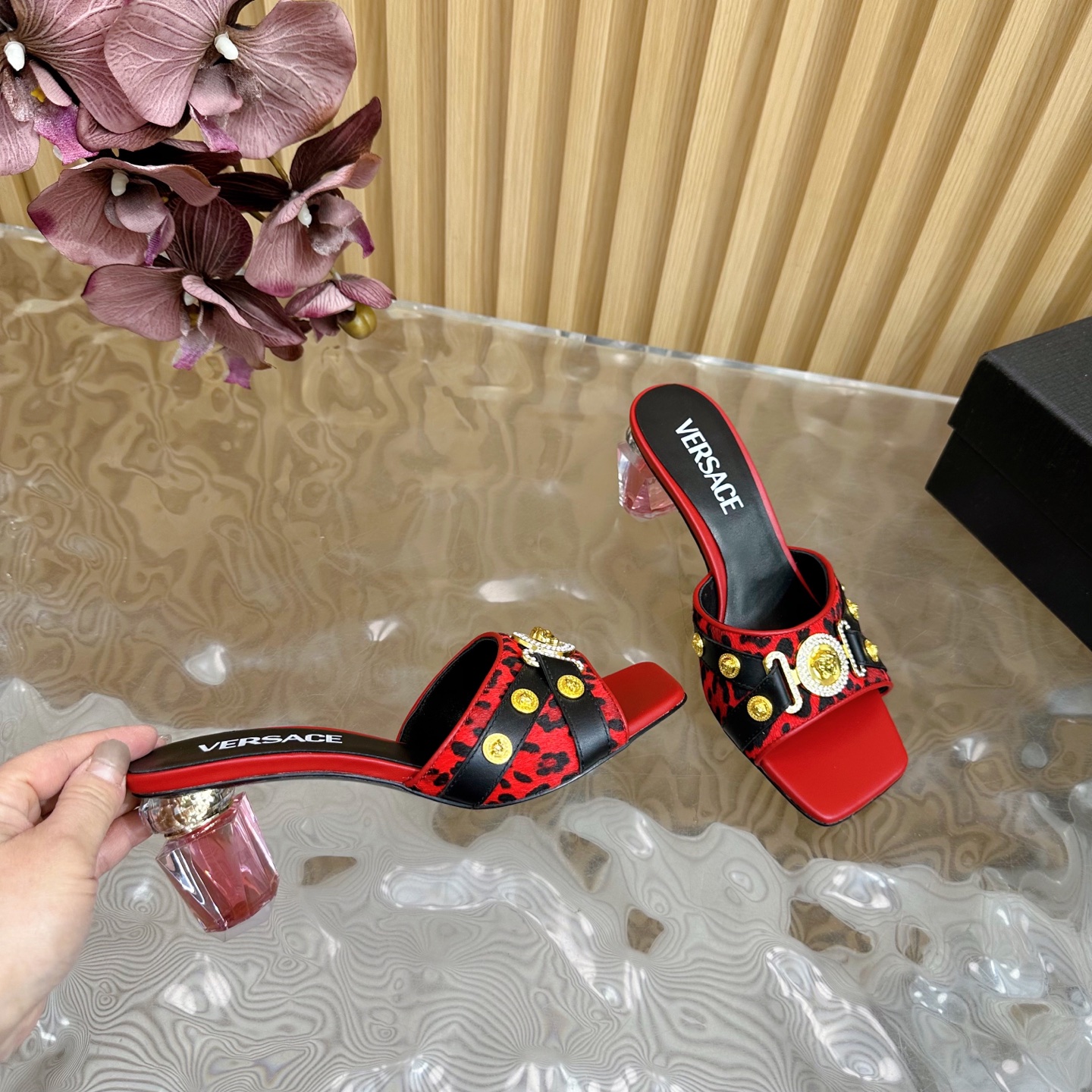 Versace GIANNI RIBBON Crystal Heeled Sandals - Leopard Print, Red Leather 9 i1742202204268 2172 0 7