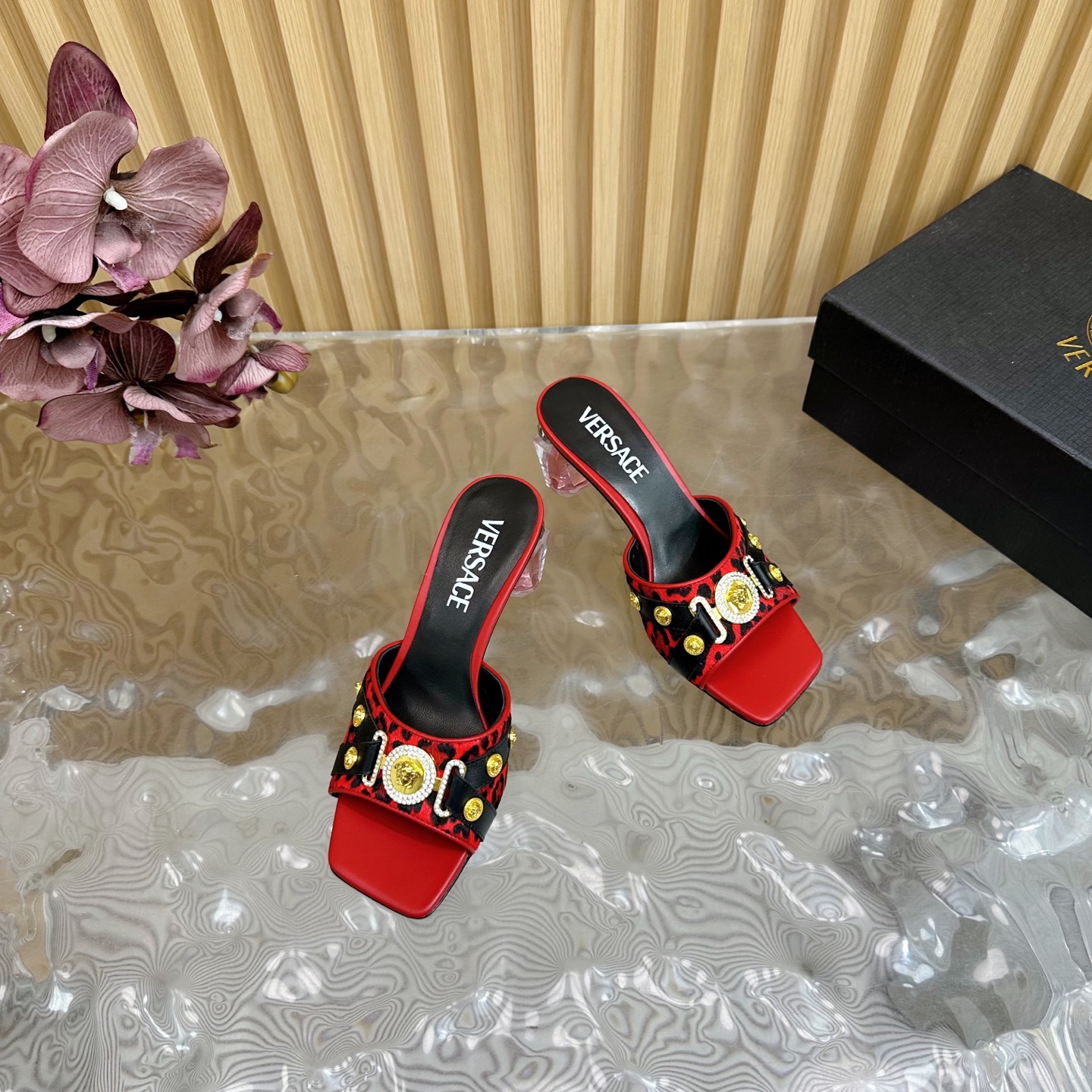 Versace GIANNI RIBBON Crystal Heeled Sandals - Leopard Print, Red Leather 7 i1742202204271 2494 0 5